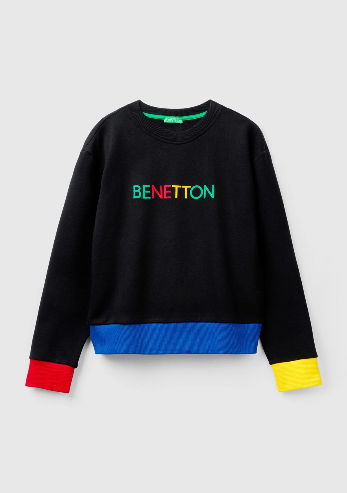 Kadın Siyah %100 Pamuk Benetton Yazılı Bisiklet Yaka Sweatshirt