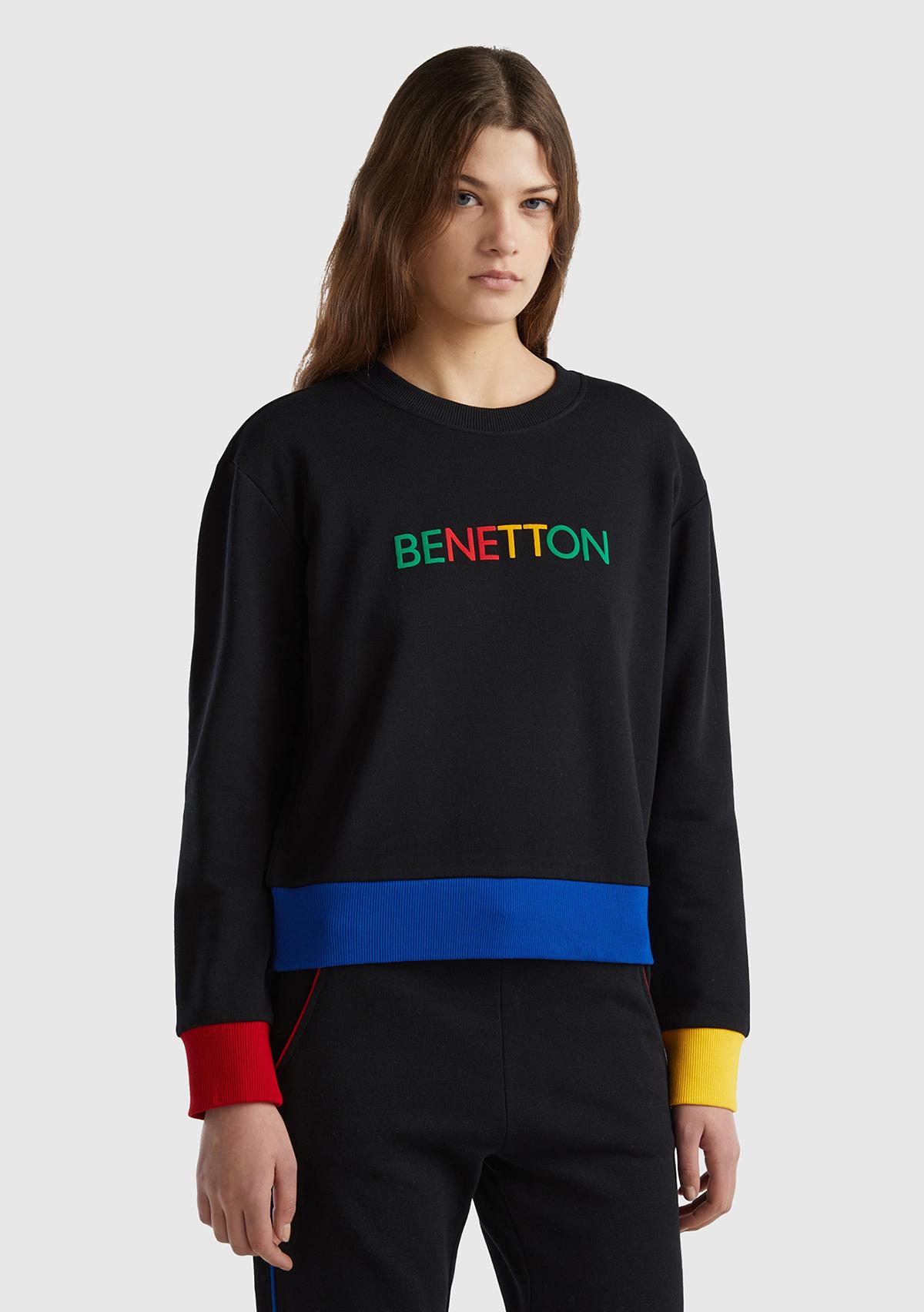 Kadın Siyah %100 Pamuk Benetton Yazılı Bisiklet Yaka Sweatshirt