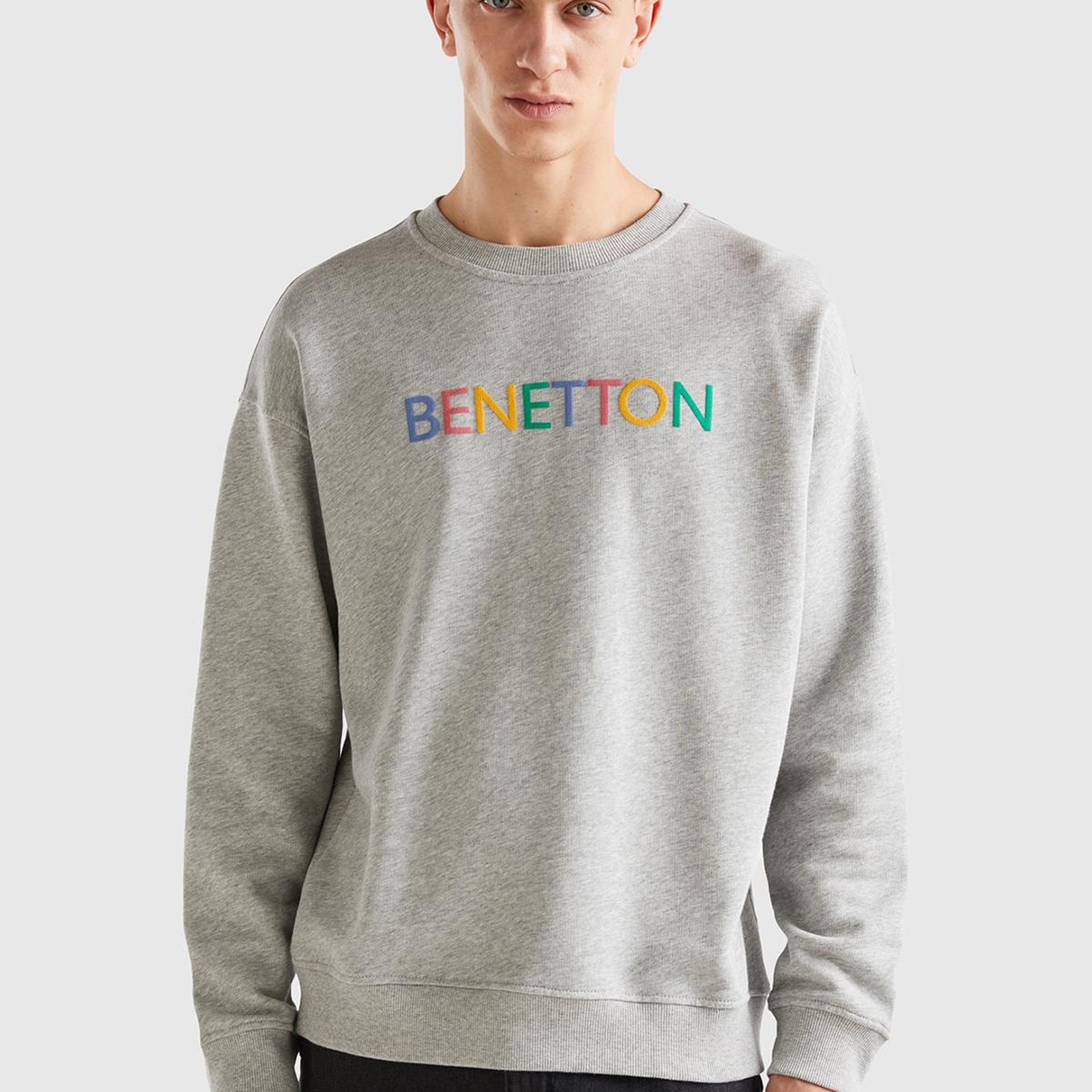 Erkek Gri Melanj Logo Baskılı Sweatshirt