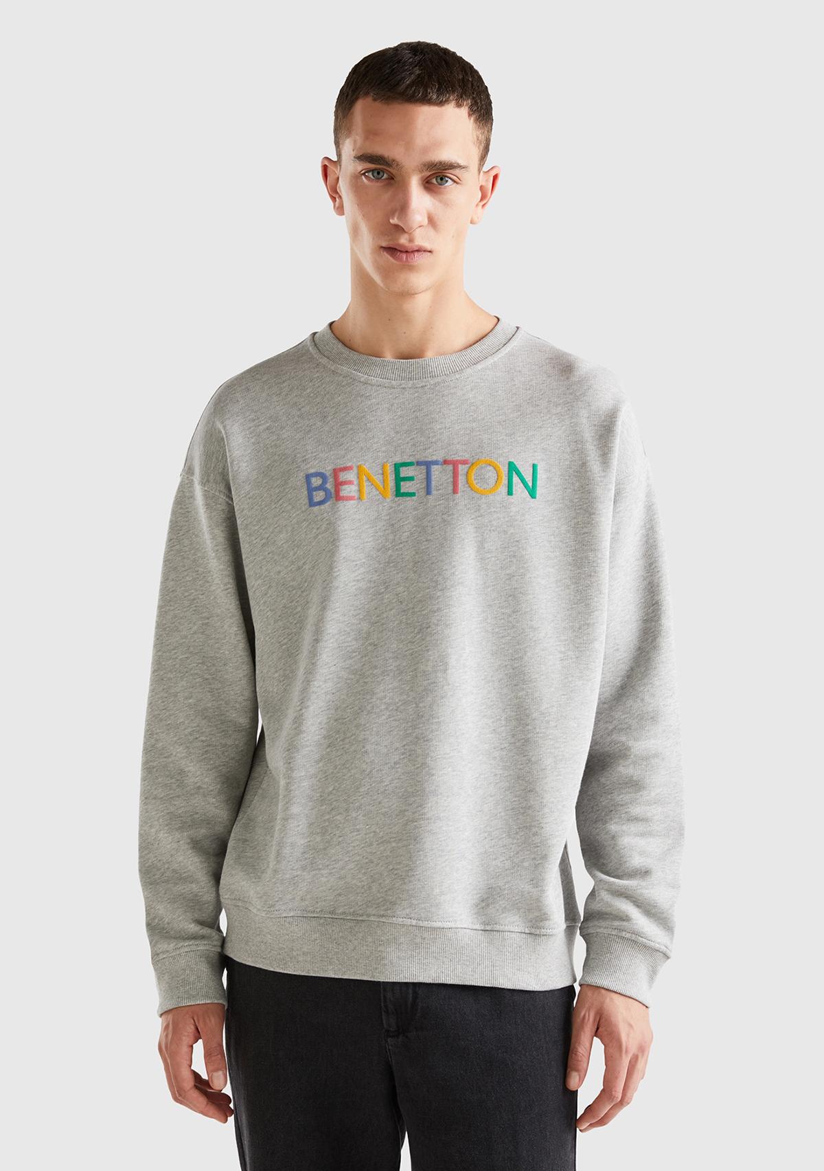 Erkek Gri Melanj Logo Baskılı Sweatshirt
