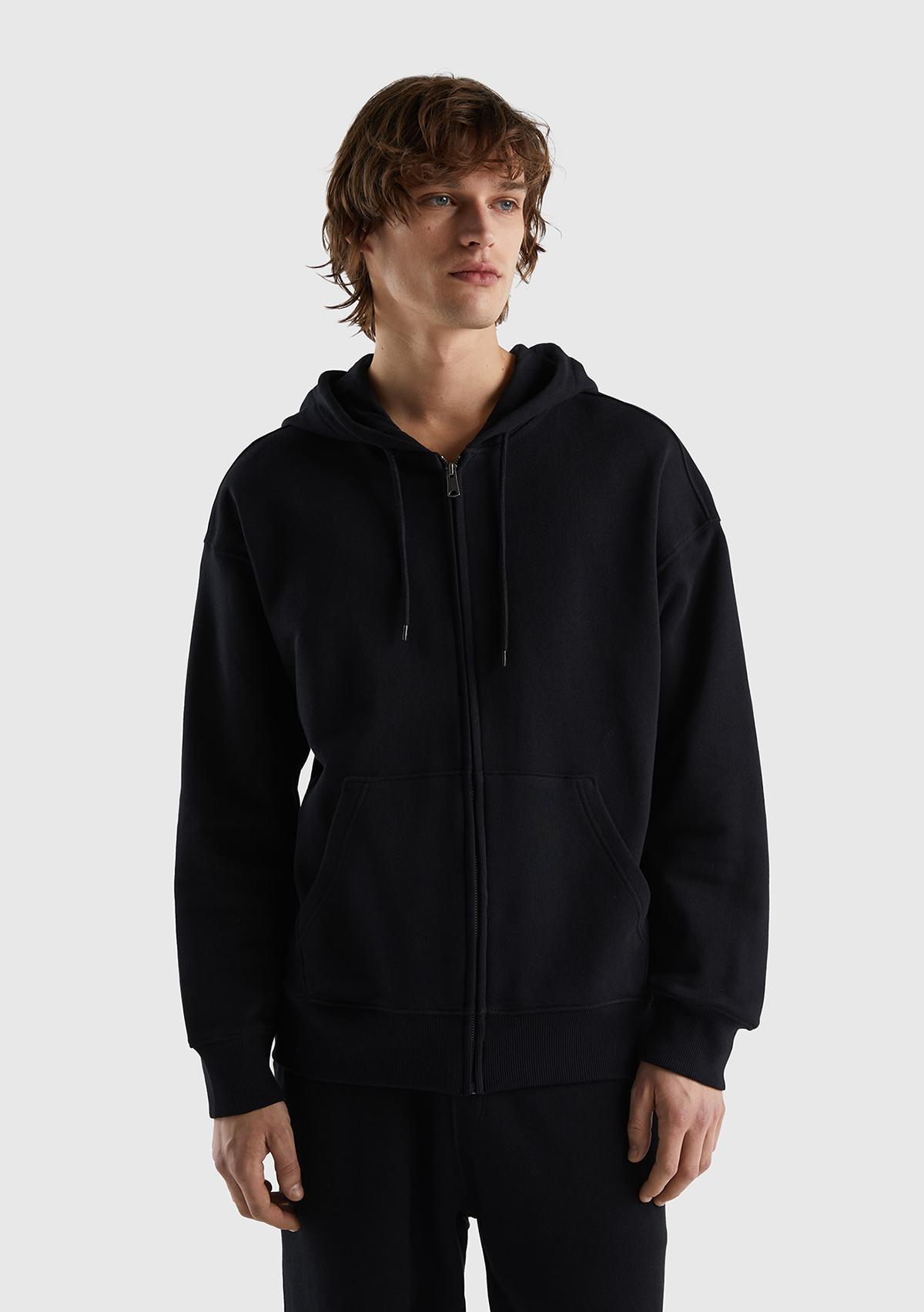 Erkek Siyah Kapüşonlu Fermuarlı Sweatshirt