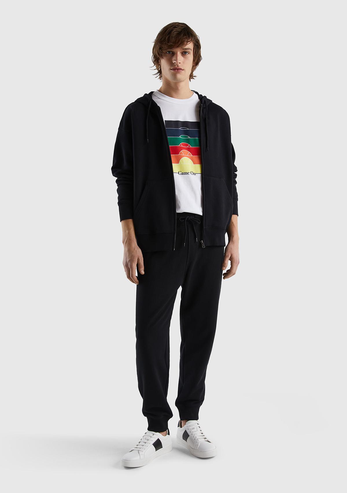 Erkek Siyah Kapüşonlu Fermuarlı Sweatshirt