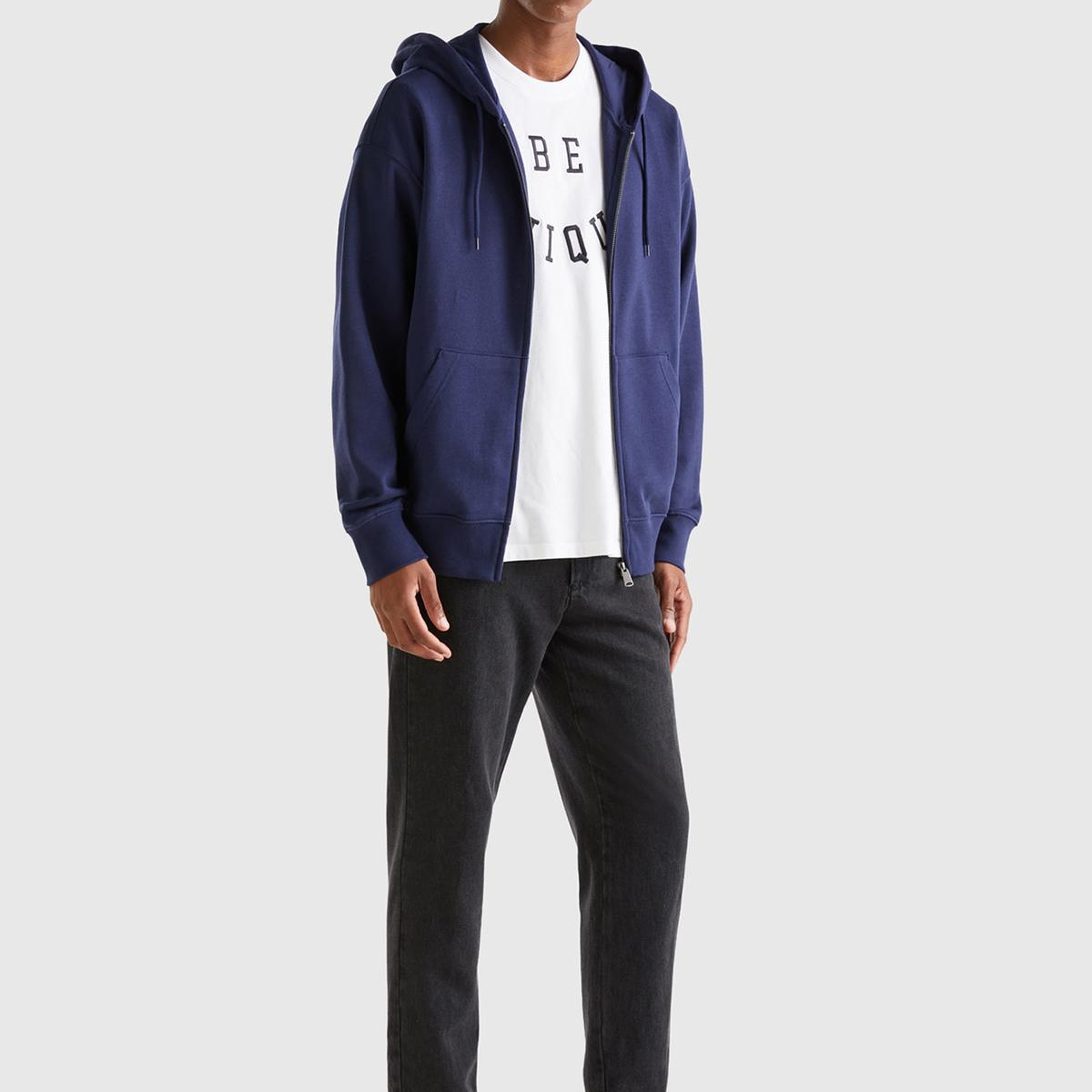 Erkek Koyu Lacivert Kapüşonlu Fermuarlı Sweatshirt