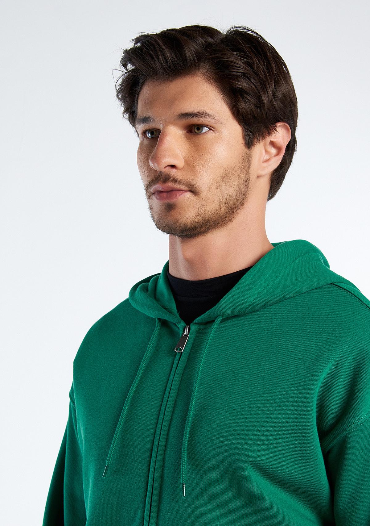 Erkek Koyu Yeşil Kapüşonlu Fermuarlı Sweatshirt