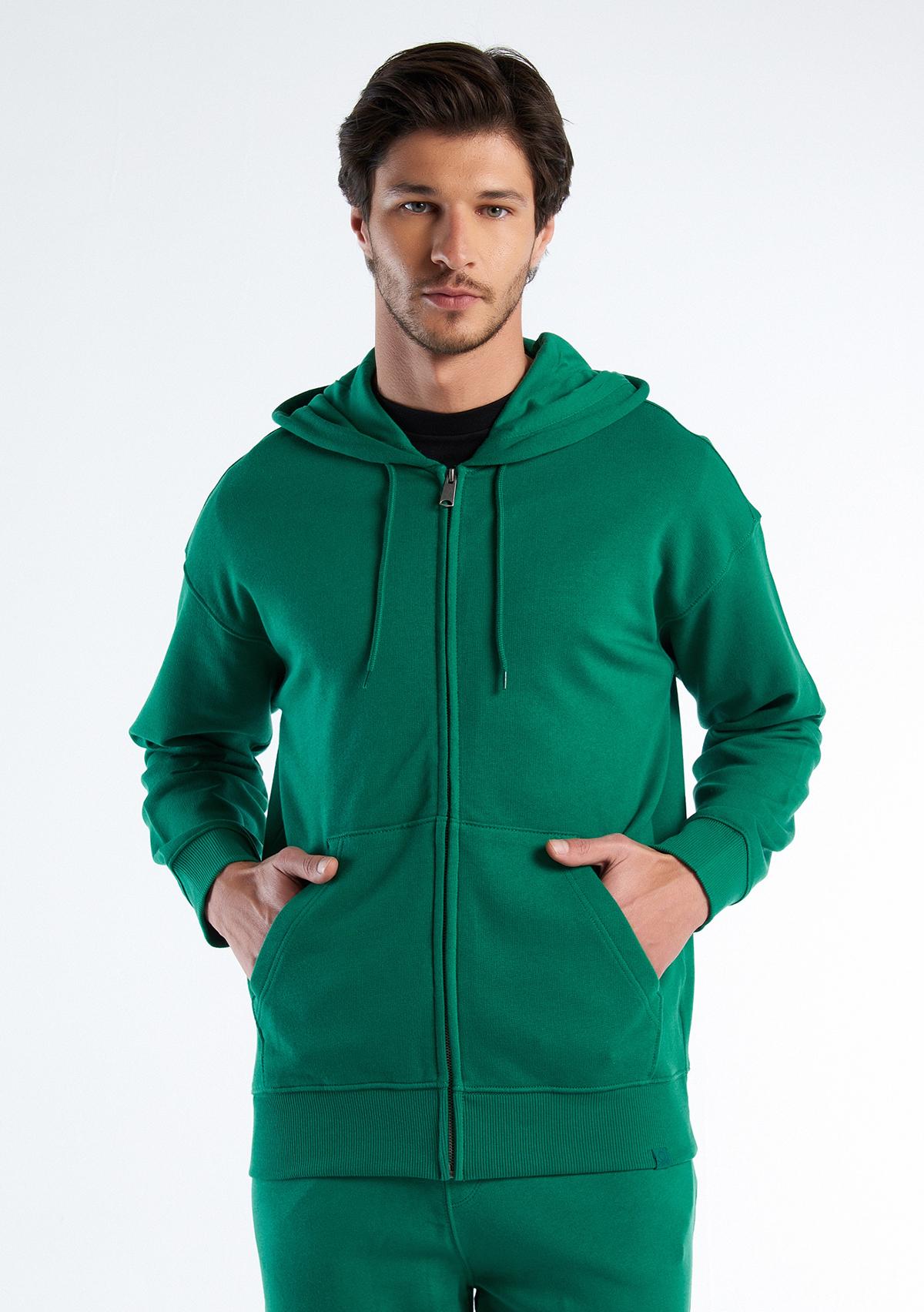 Erkek Koyu Yeşil Kapüşonlu Fermuarlı Sweatshirt