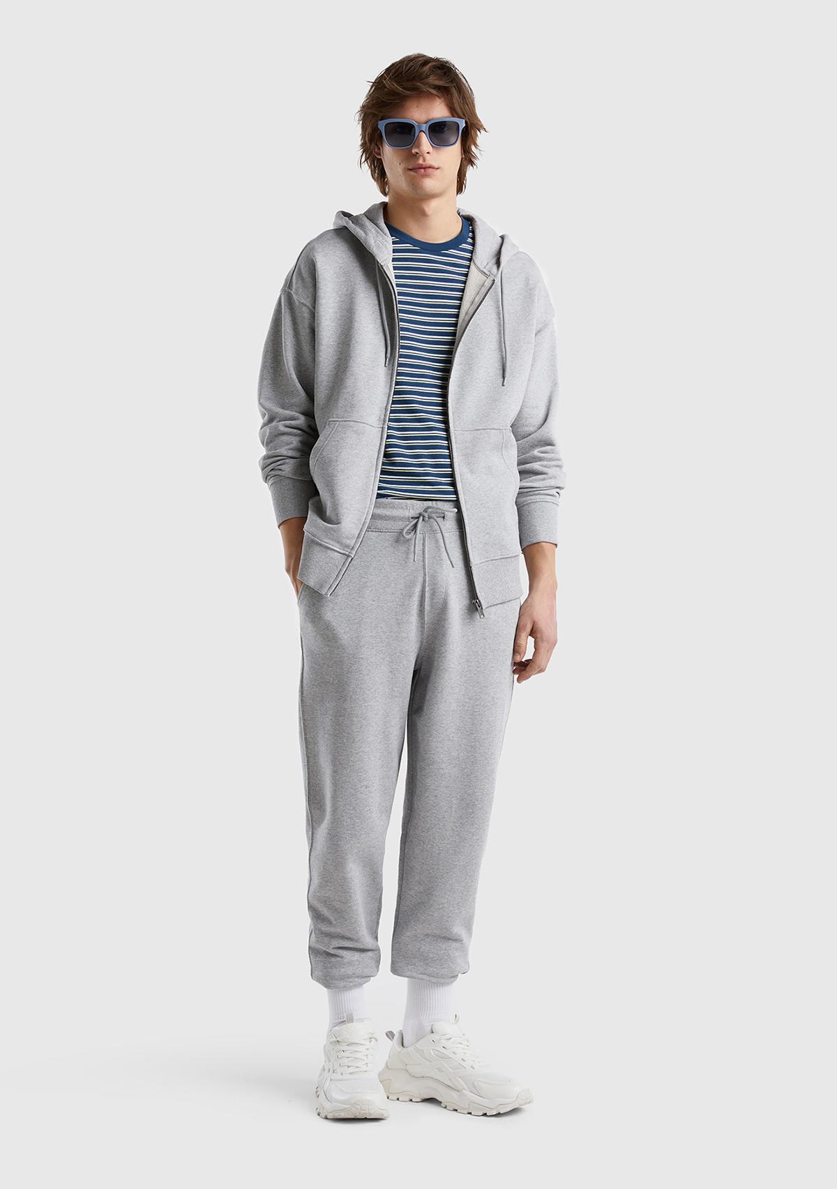 Erkek Gri Melanj Kapüşonlu Fermuarlı Sweatshirt