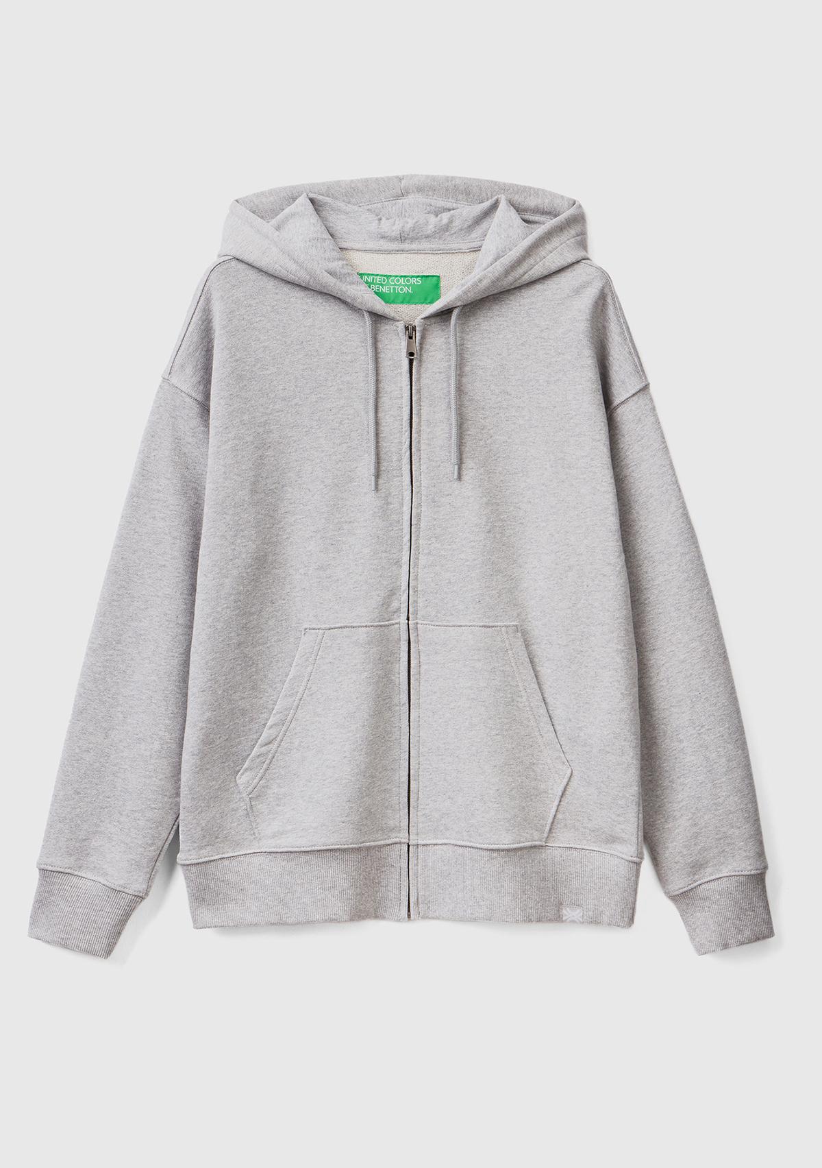 Erkek Gri Melanj Kapüşonlu Fermuarlı Sweatshirt