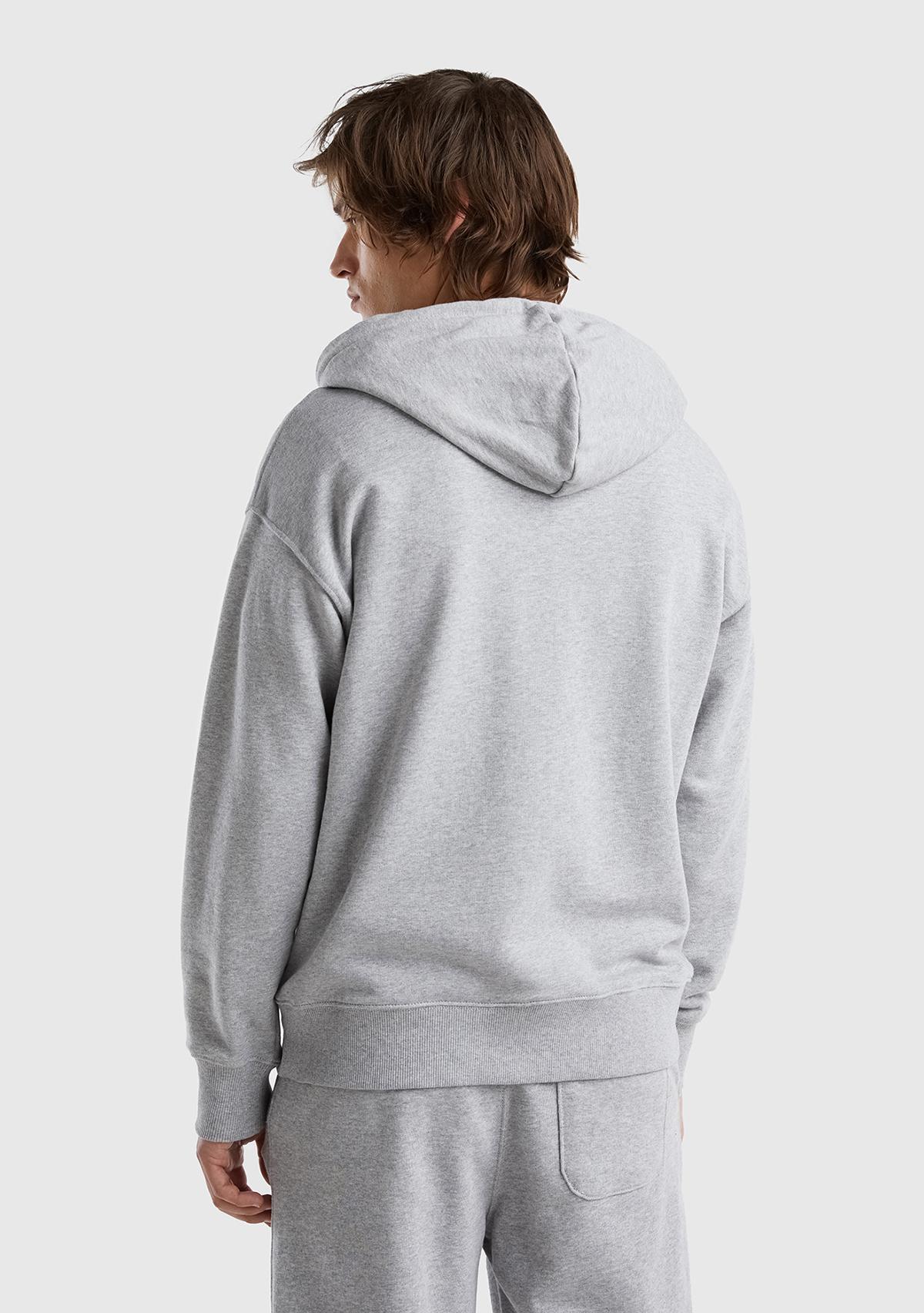 Erkek Gri Melanj Kapüşonlu Fermuarlı Sweatshirt