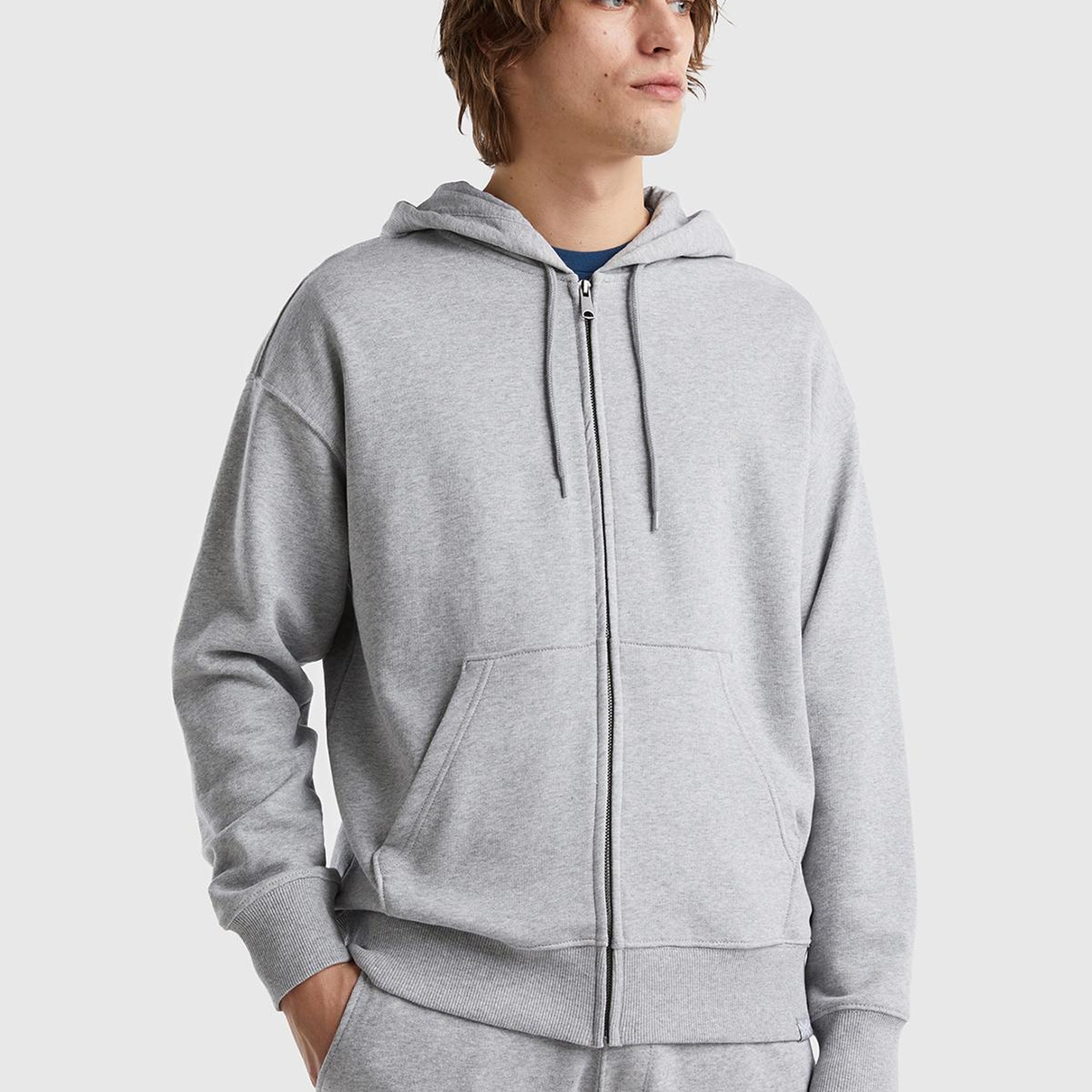 Erkek Gri Melanj Kapüşonlu Fermuarlı Sweatshirt