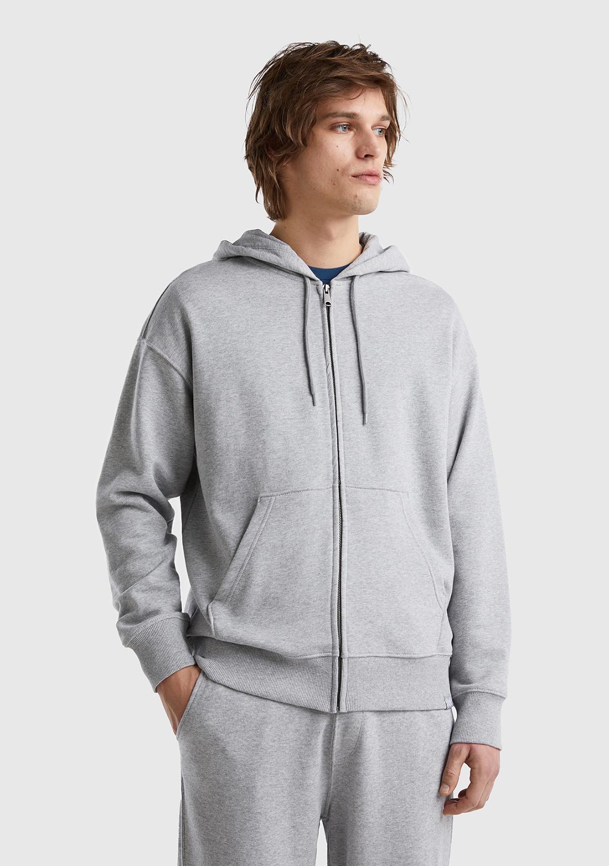 Erkek Gri Melanj Kapüşonlu Fermuarlı Sweatshirt