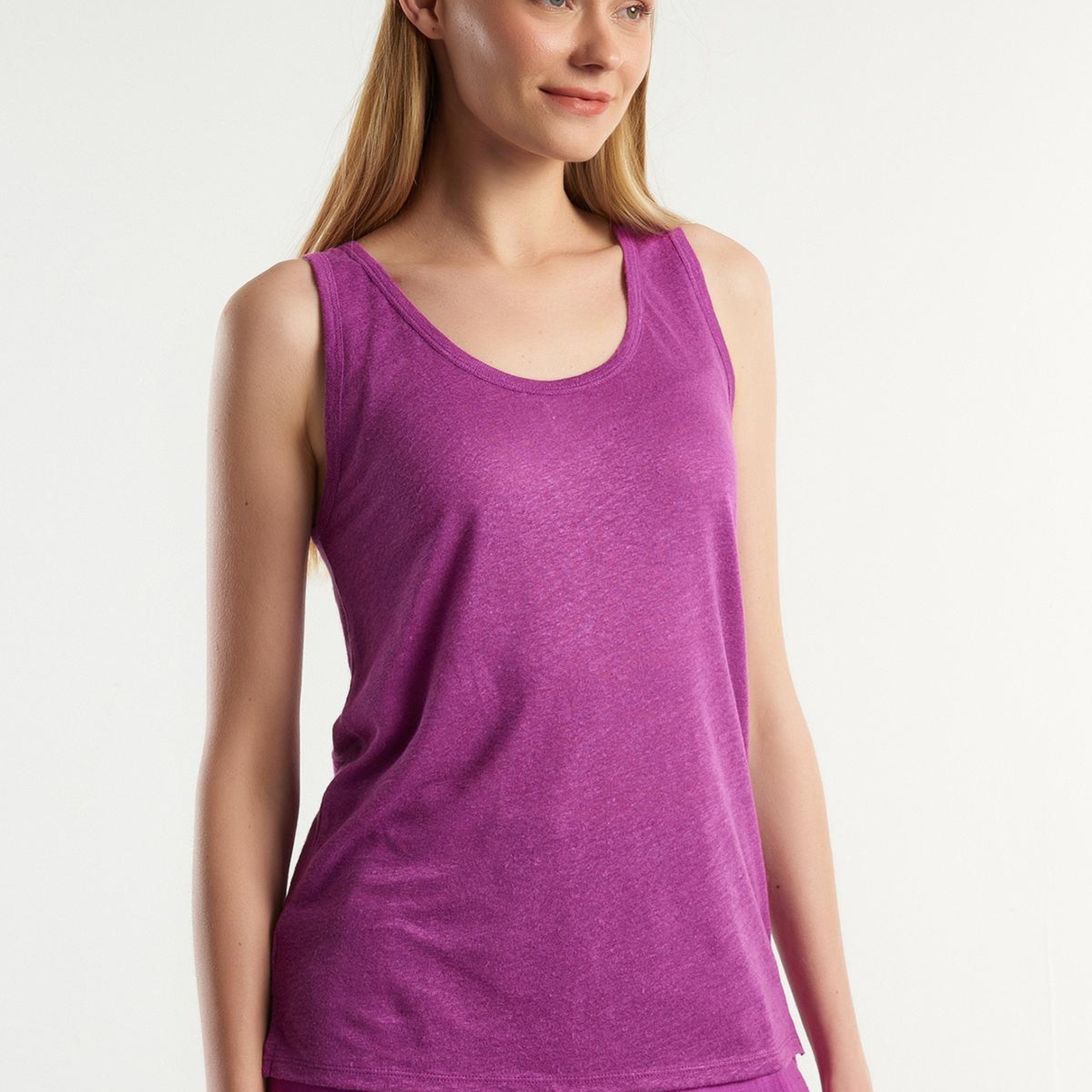 Kadın Mor %100 Keten Rahat Kalıp Kalın Askılı Atlet