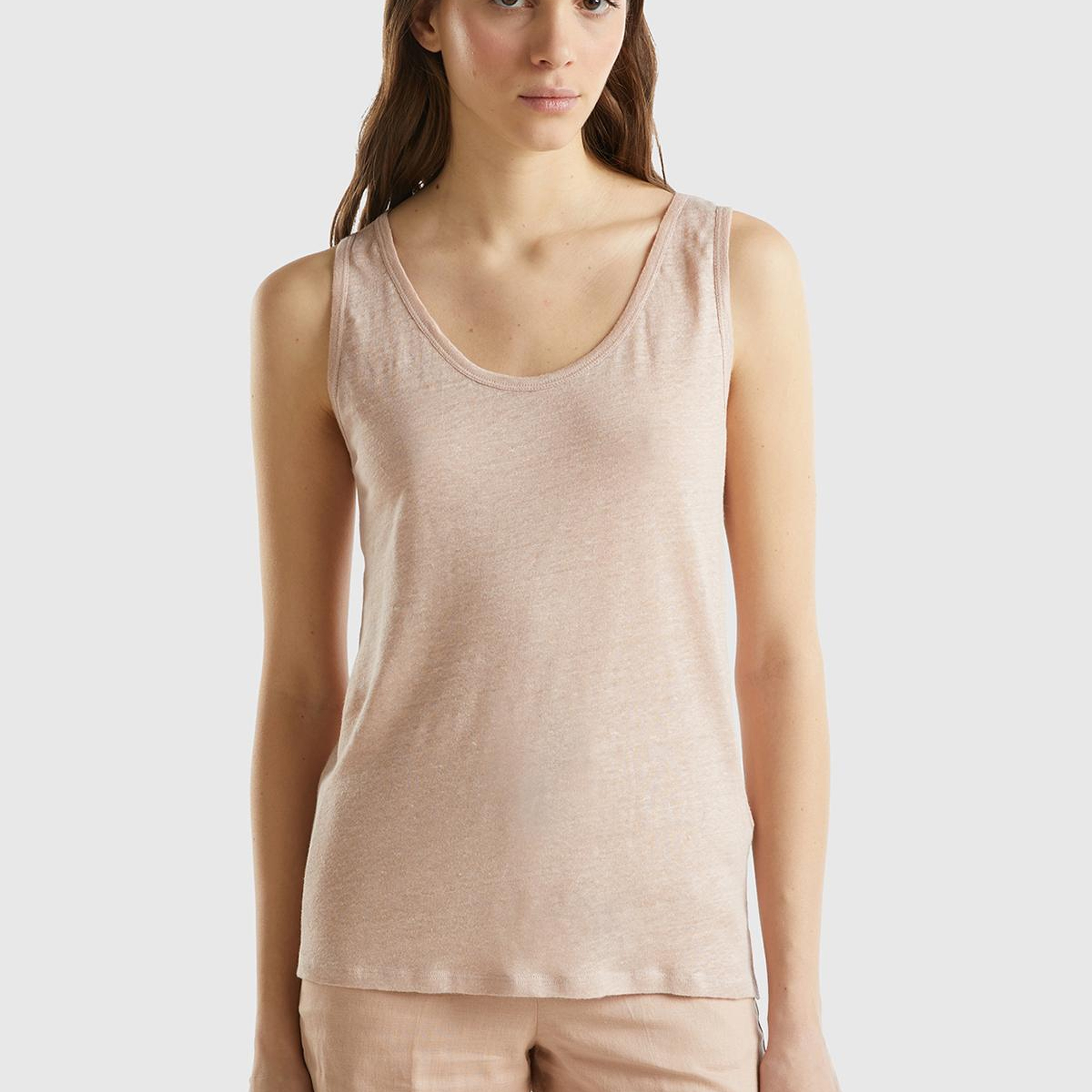 Kadın Pudra %100 Keten Rahat Kalıp Kalın Askılı Atlet