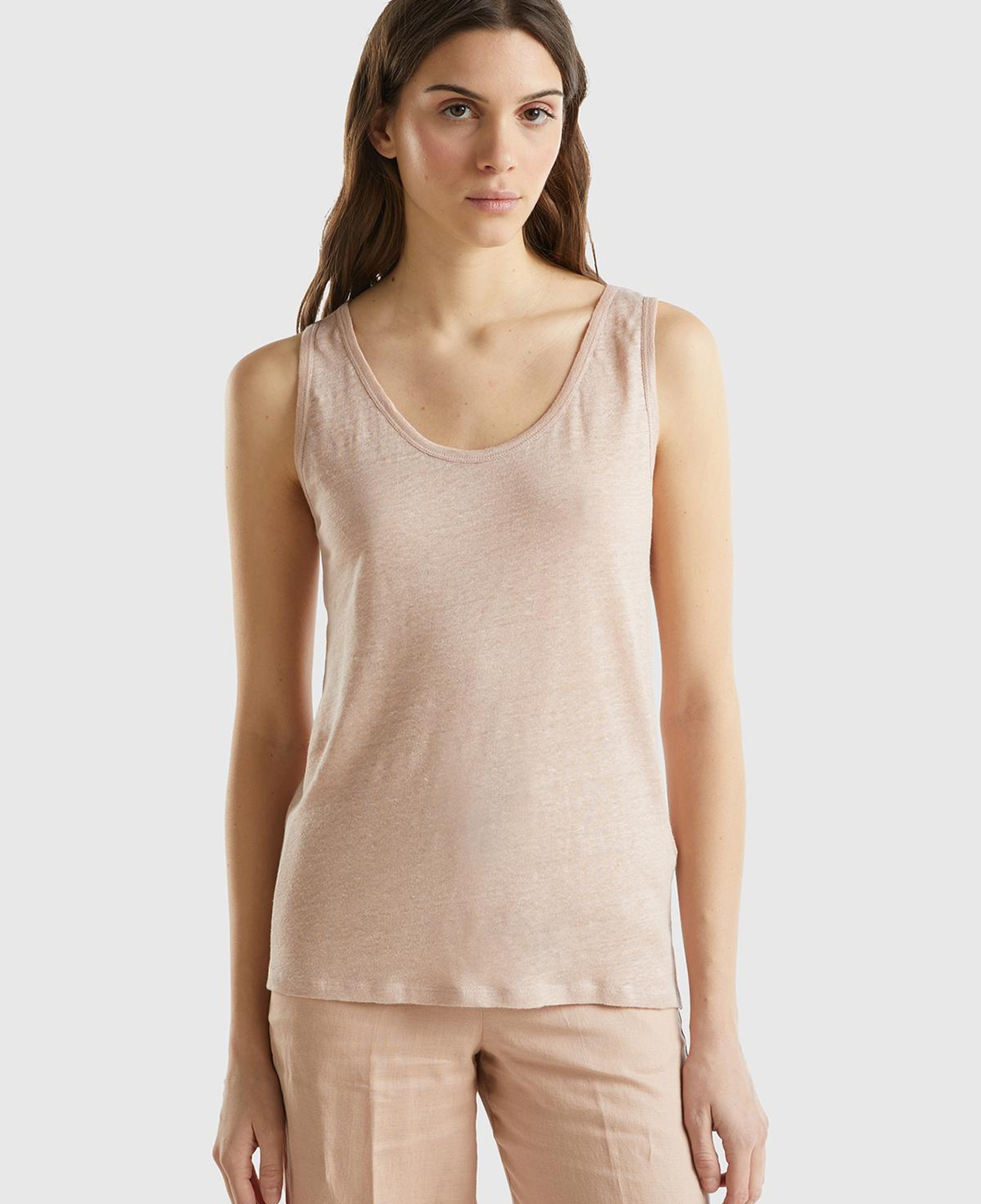 Kadın Pudra %100 Keten Rahat Kalıp Kalın Askılı Atlet