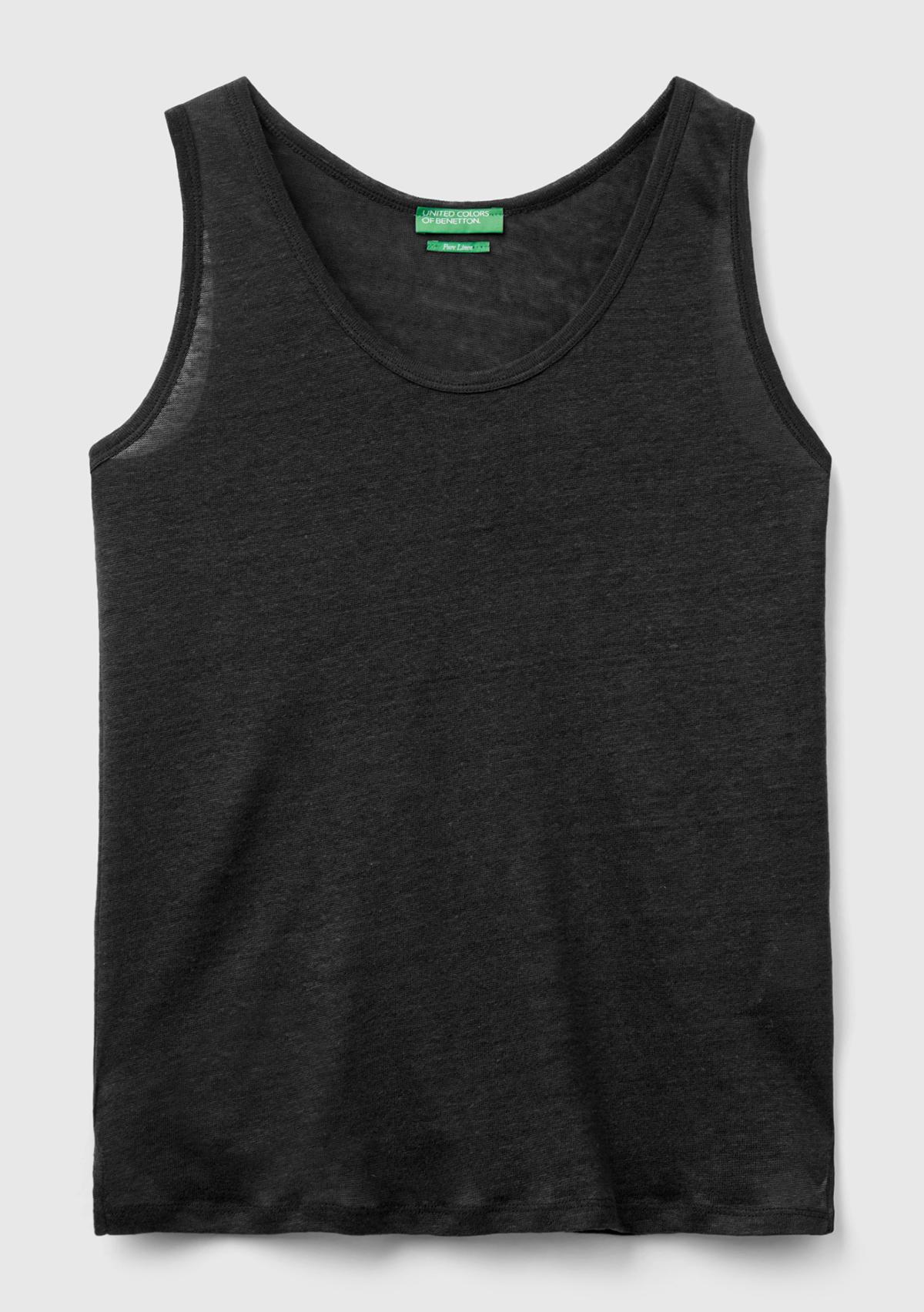 Kadın Siyah %100 Keten Rahat Kalıp Kalın Askılı Atlet