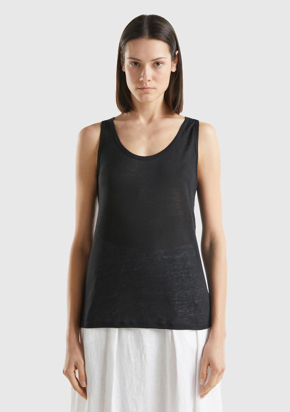 Kadın Siyah %100 Keten Rahat Kalıp Kalın Askılı Atlet