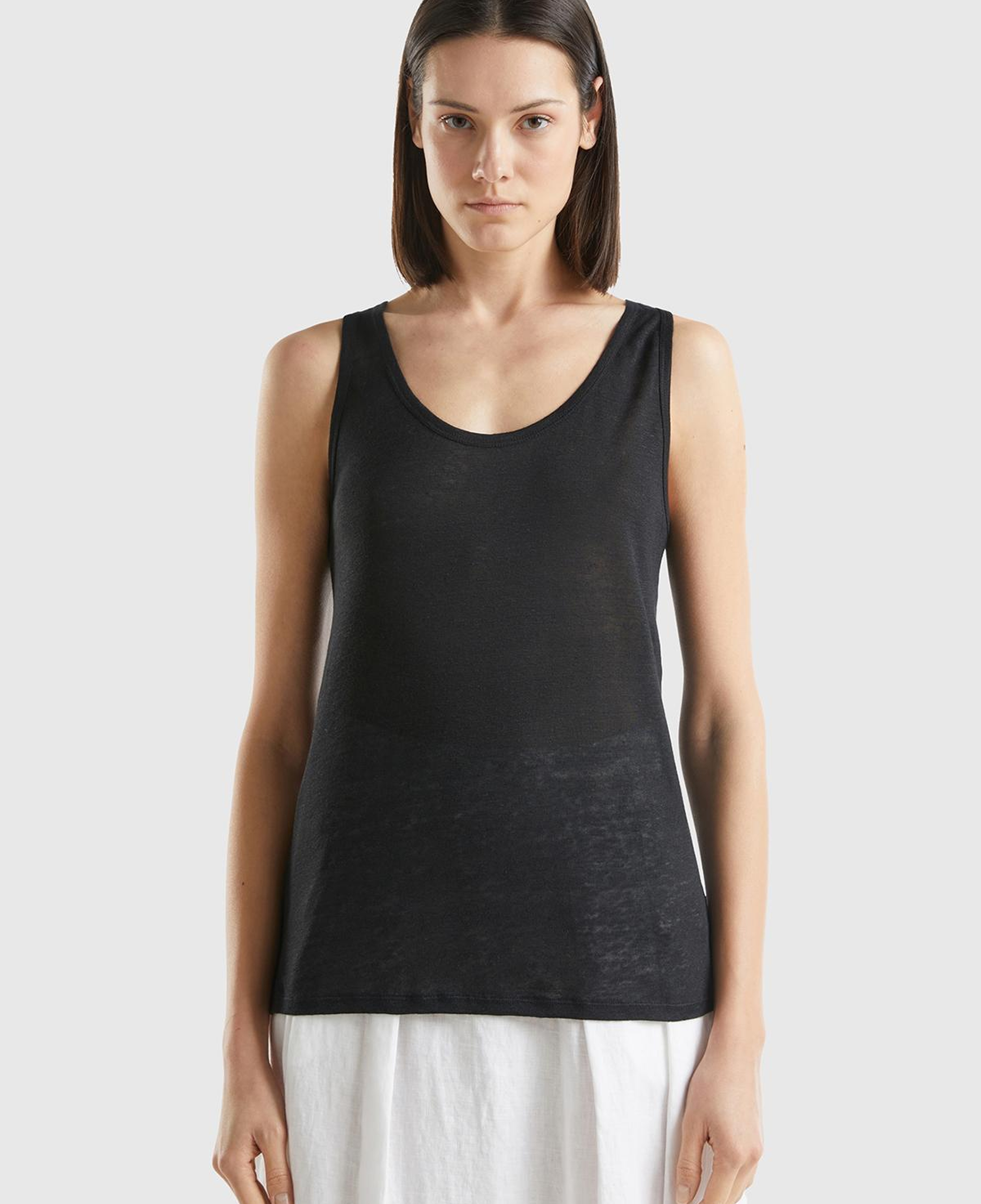 Kadın Siyah %100 Keten Rahat Kalıp Kalın Askılı Atlet