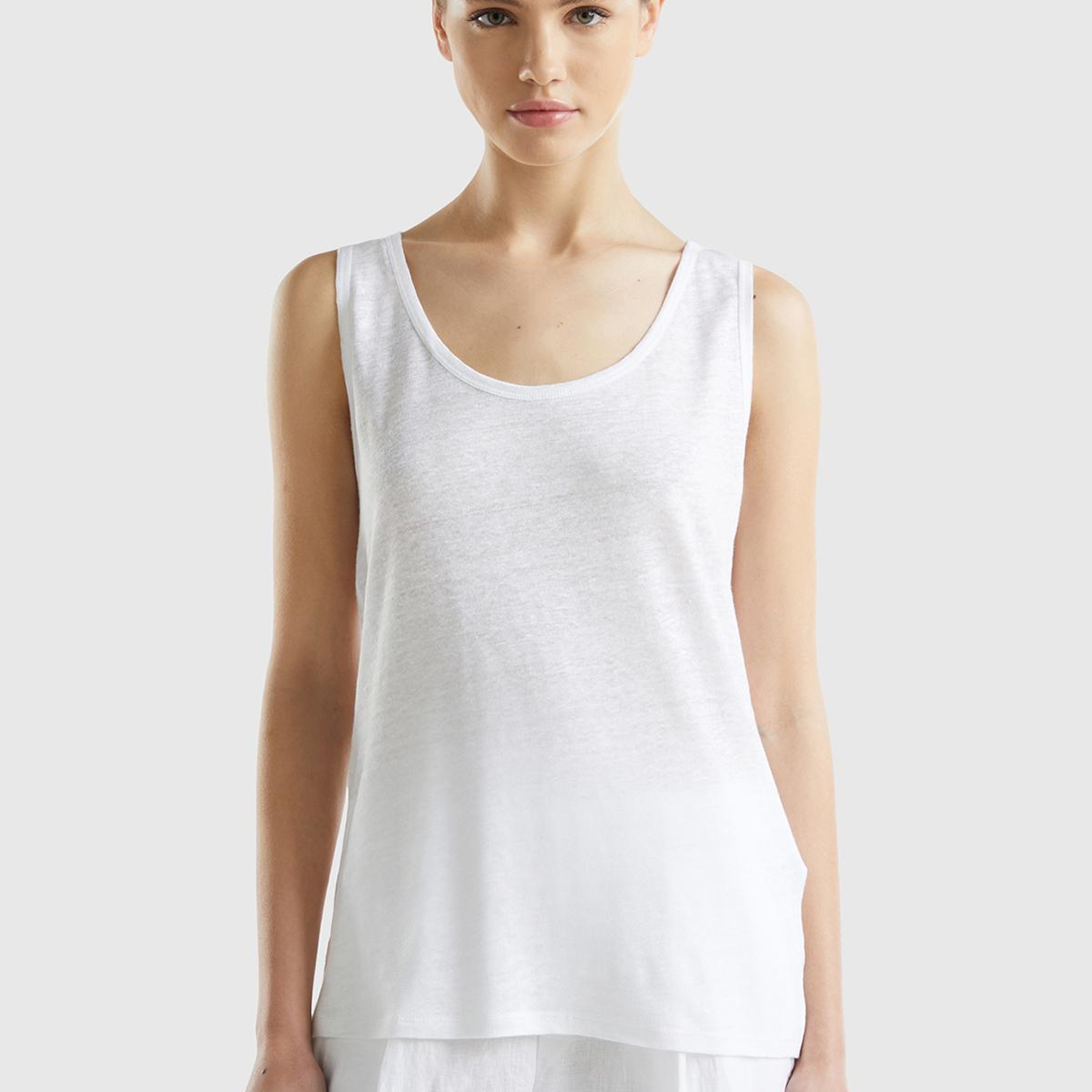 Kadın Beyaz %100 Keten Rahat Kalıp Kalın Askılı Atlet