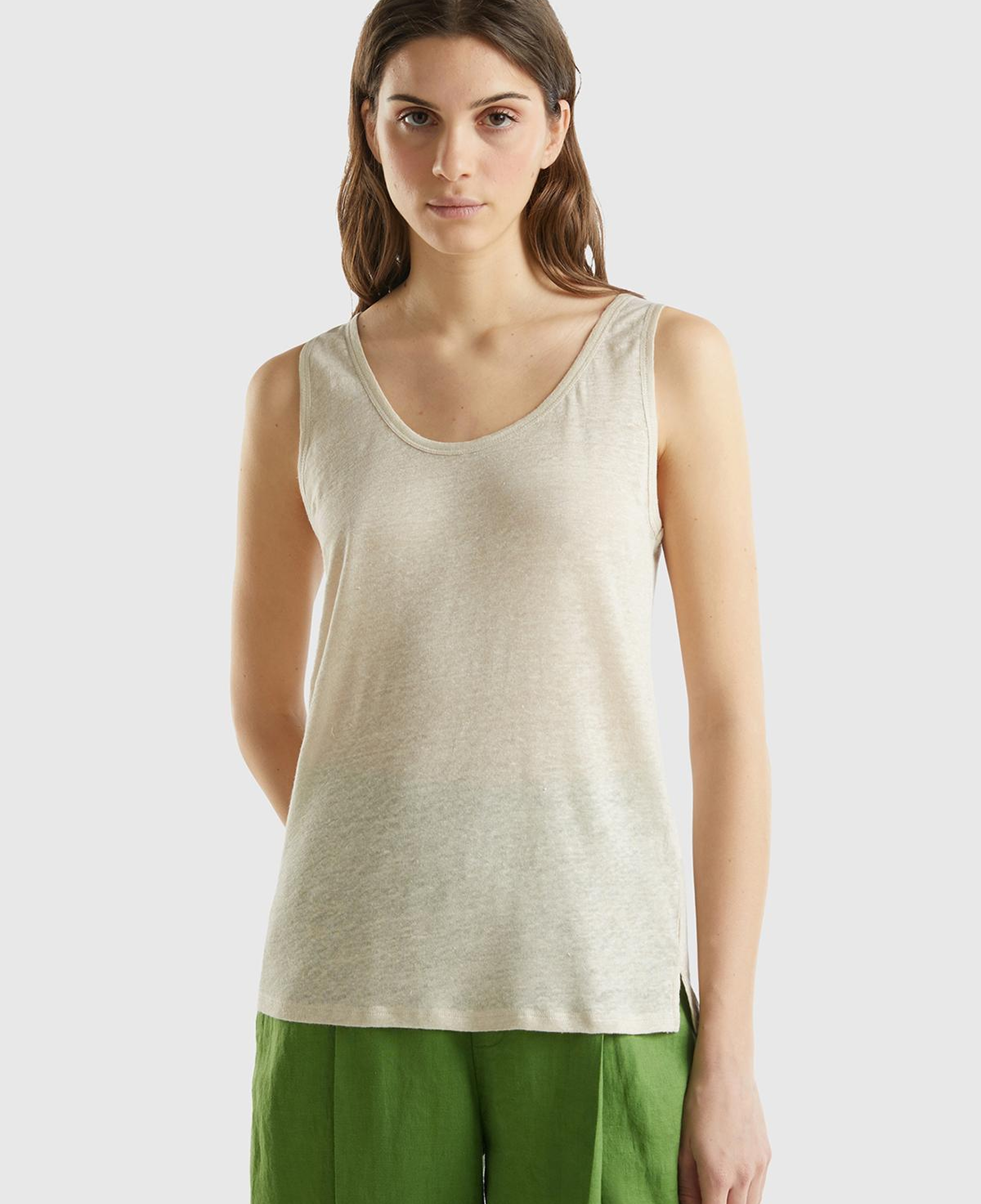 Kadın Bej %100 Keten Rahat Kalıp Kalın Askılı Atlet