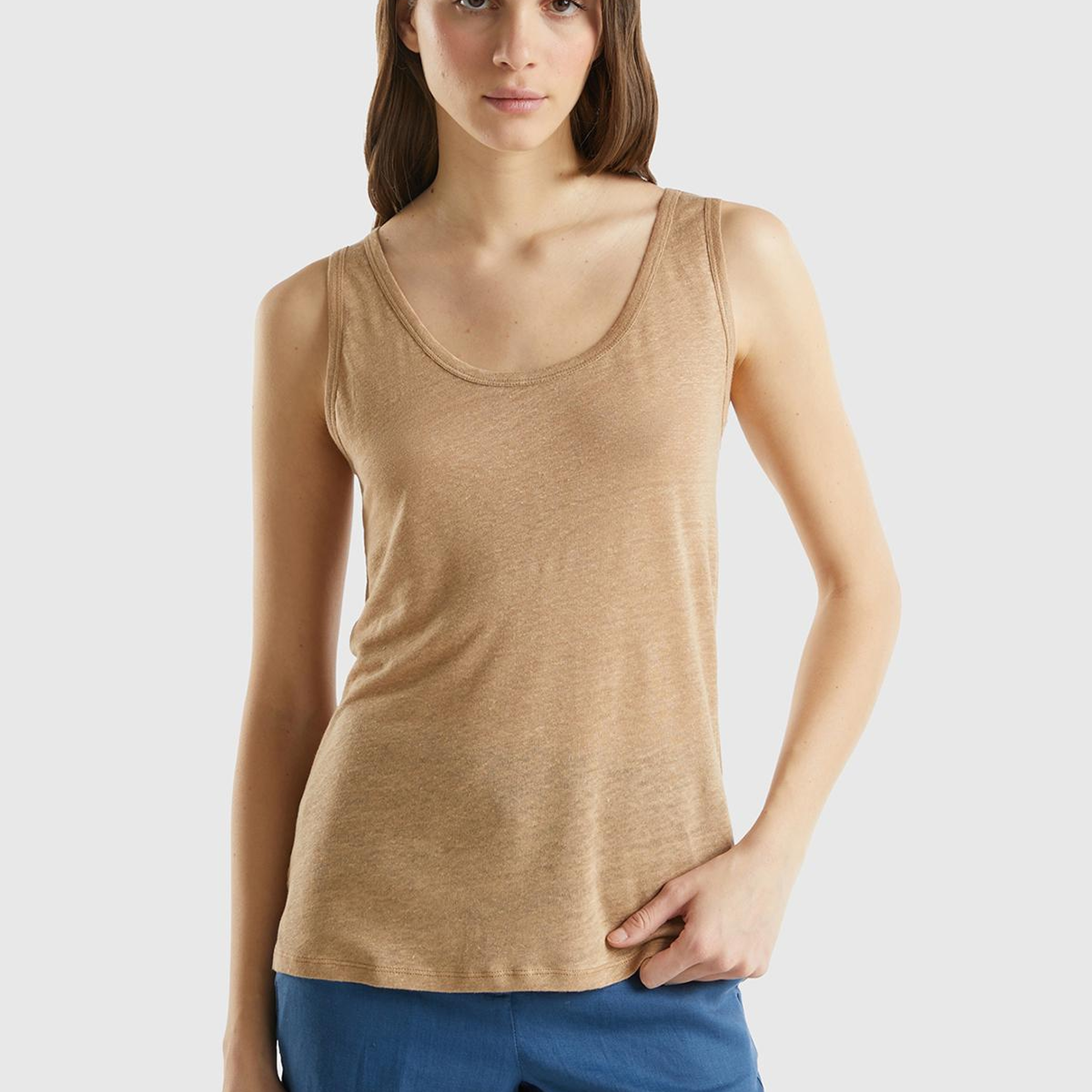 Kadın Taba %100 Keten Rahat Kalıp Kalın Askılı Atlet