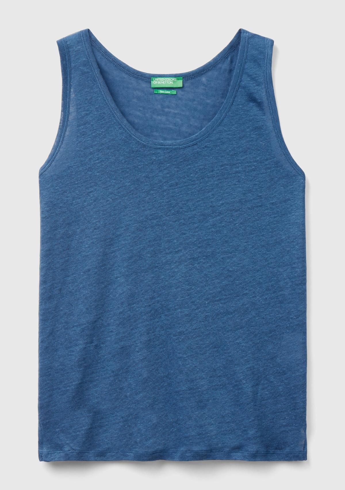 Kadın Gece Mavisi %100 Keten Rahat Kalıp Kalın Askılı Atlet