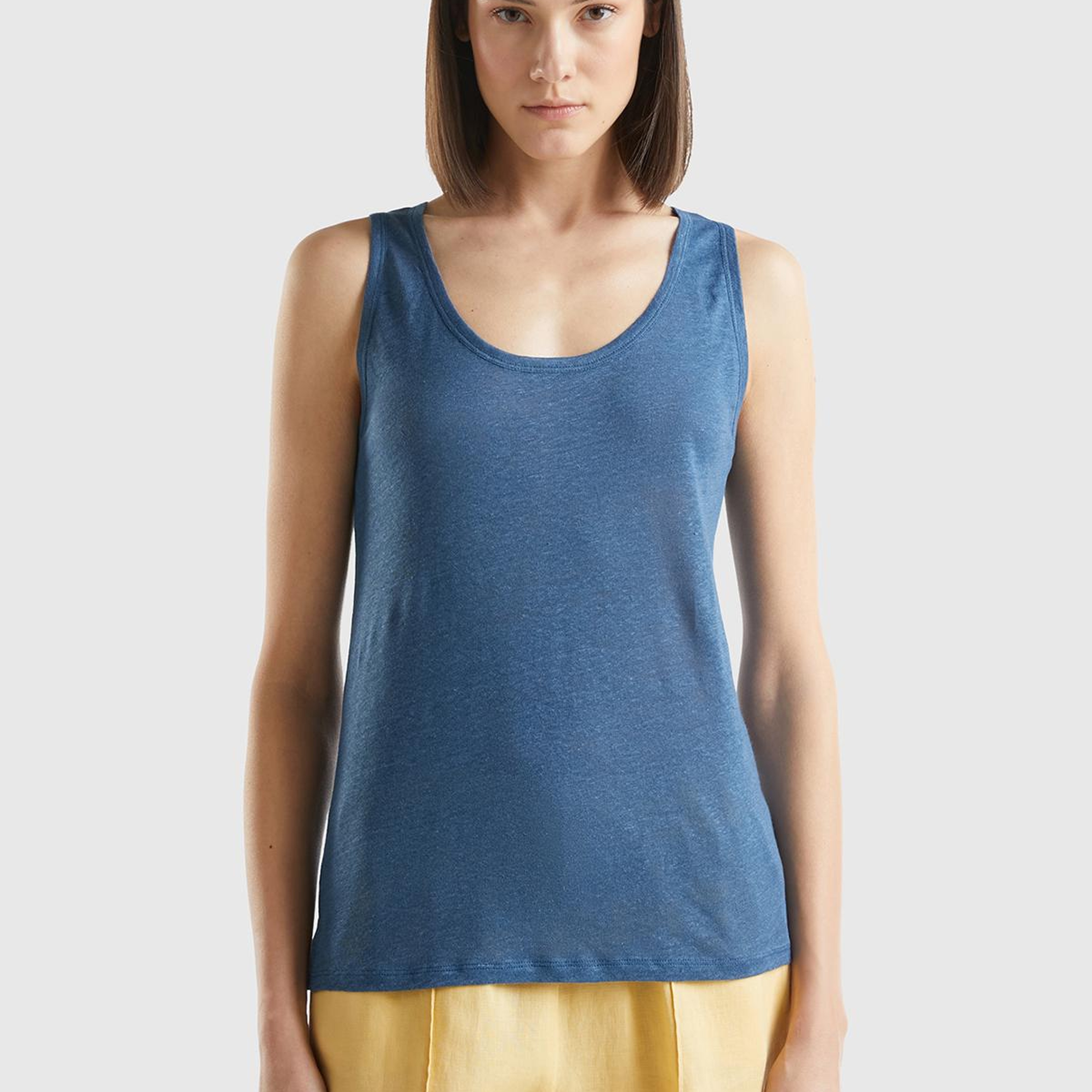 Kadın Gece Mavisi %100 Keten Rahat Kalıp Kalın Askılı Atlet