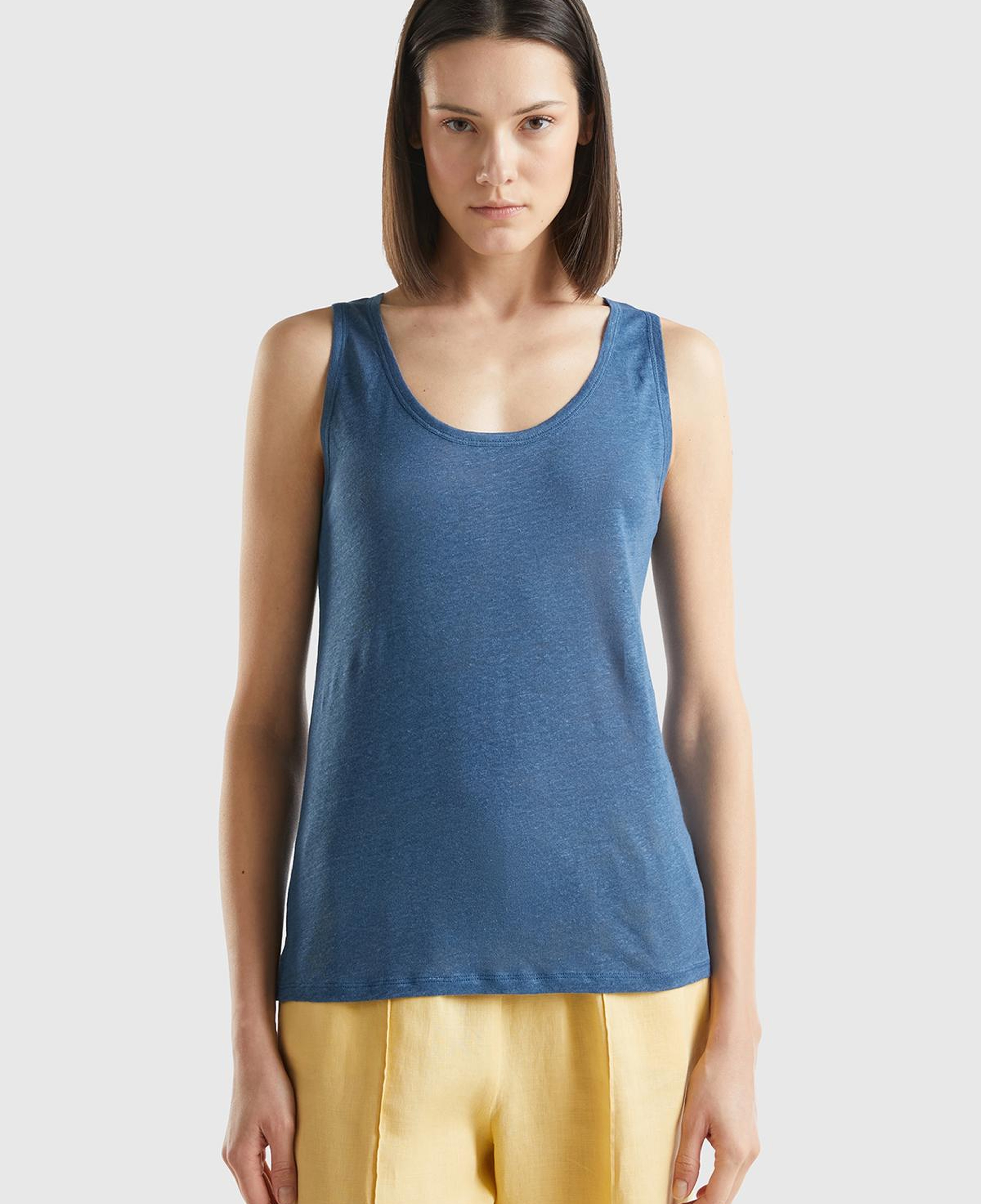 Kadın Gece Mavisi %100 Keten Rahat Kalıp Kalın Askılı Atlet