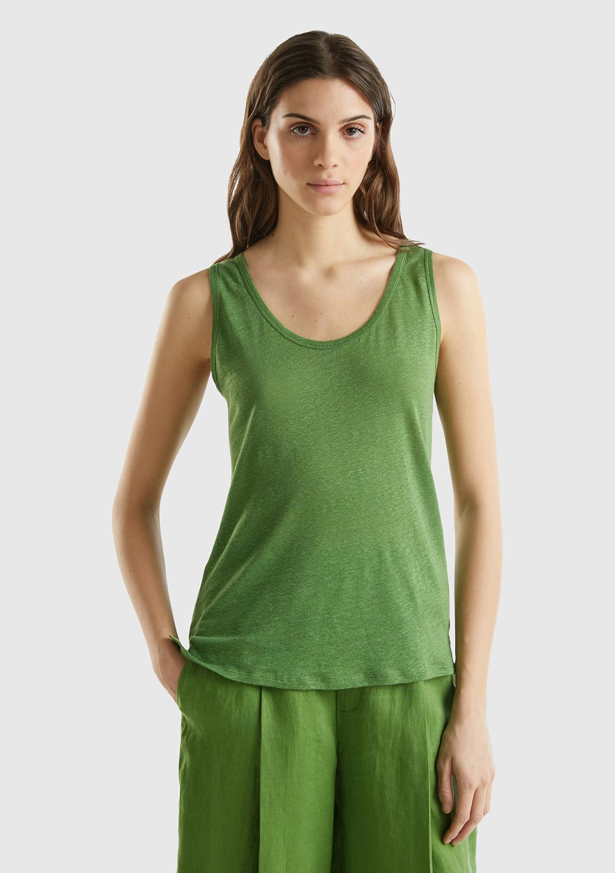 Kadın Soluk Yeşil %100 Keten Rahat Kalıp Kalın Askılı Atlet