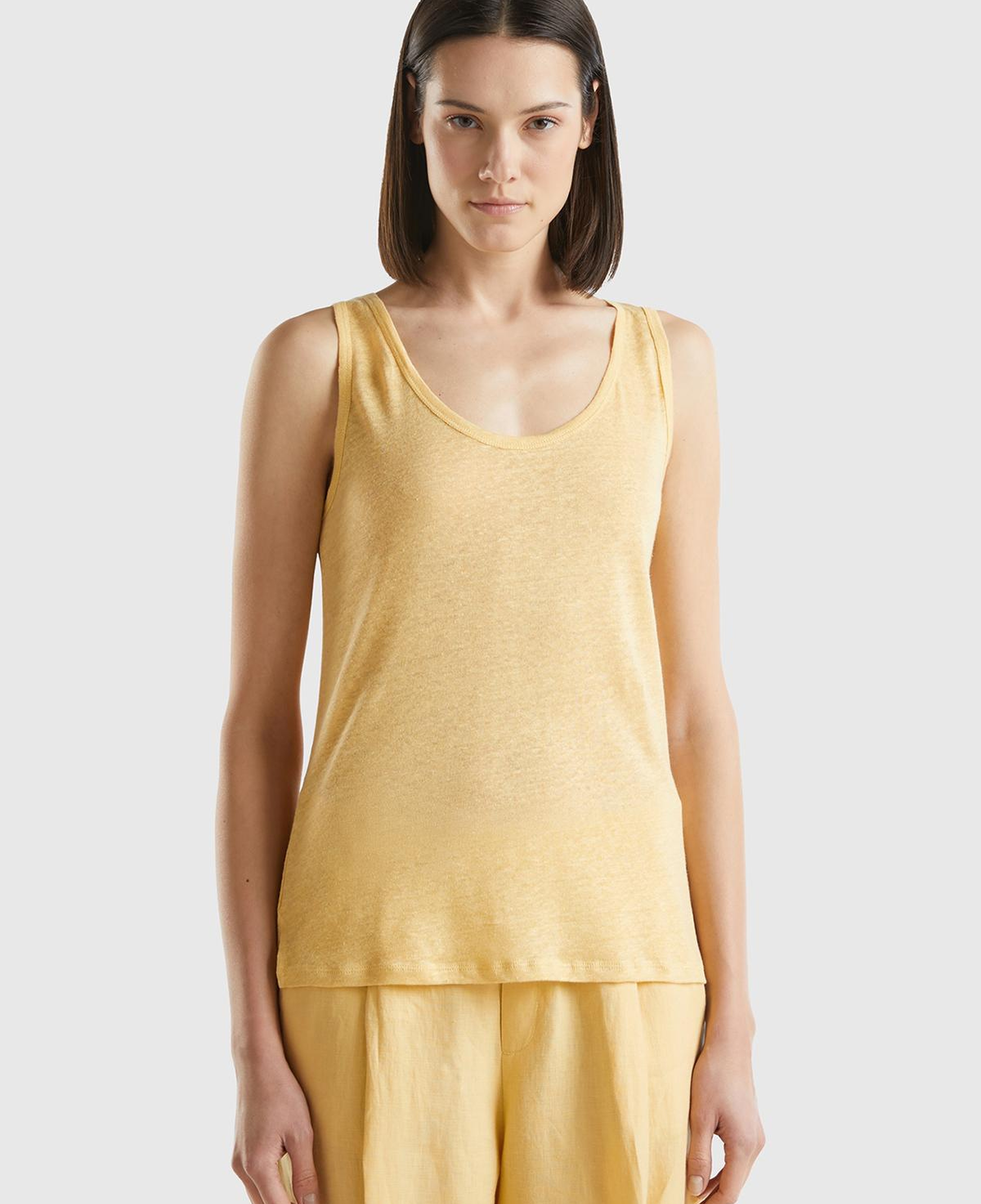 Kadın Açık Sarı %100 Keten Rahat Kalıp Kalın Askılı Atlet