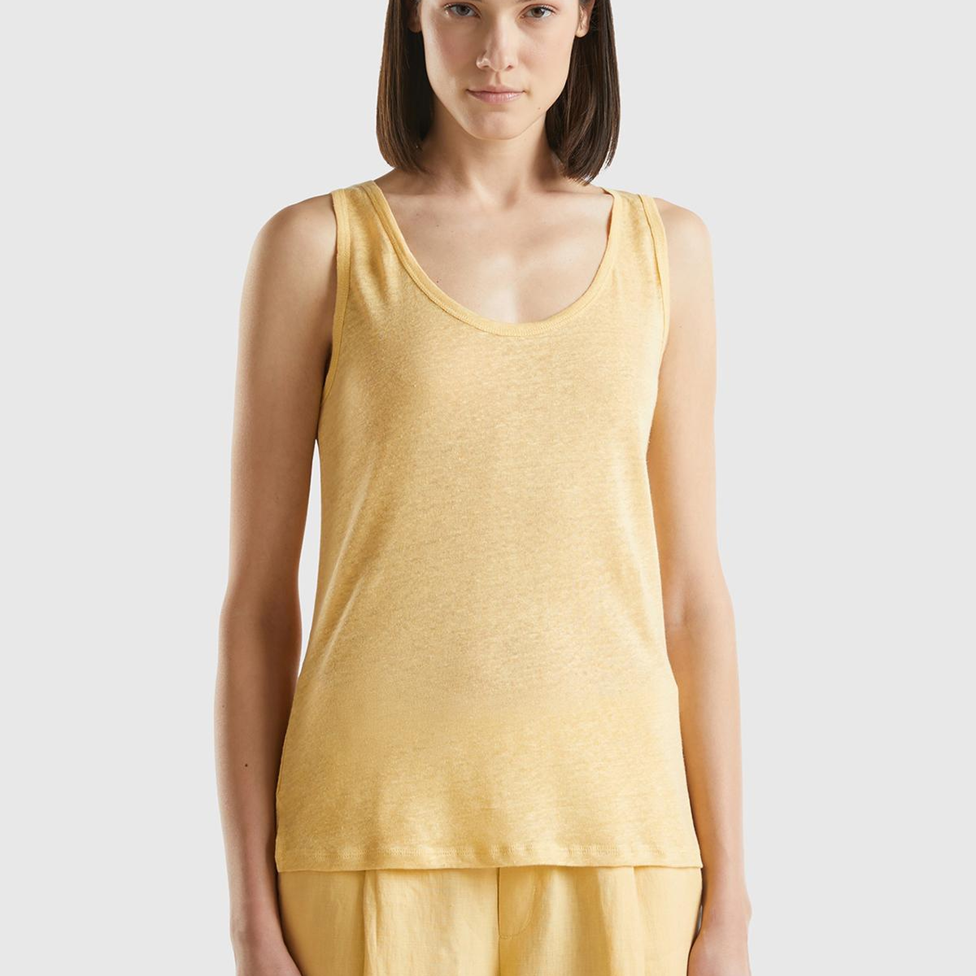 Kadın Açık Sarı %100 Keten Rahat Kalıp Kalın Askılı Atlet