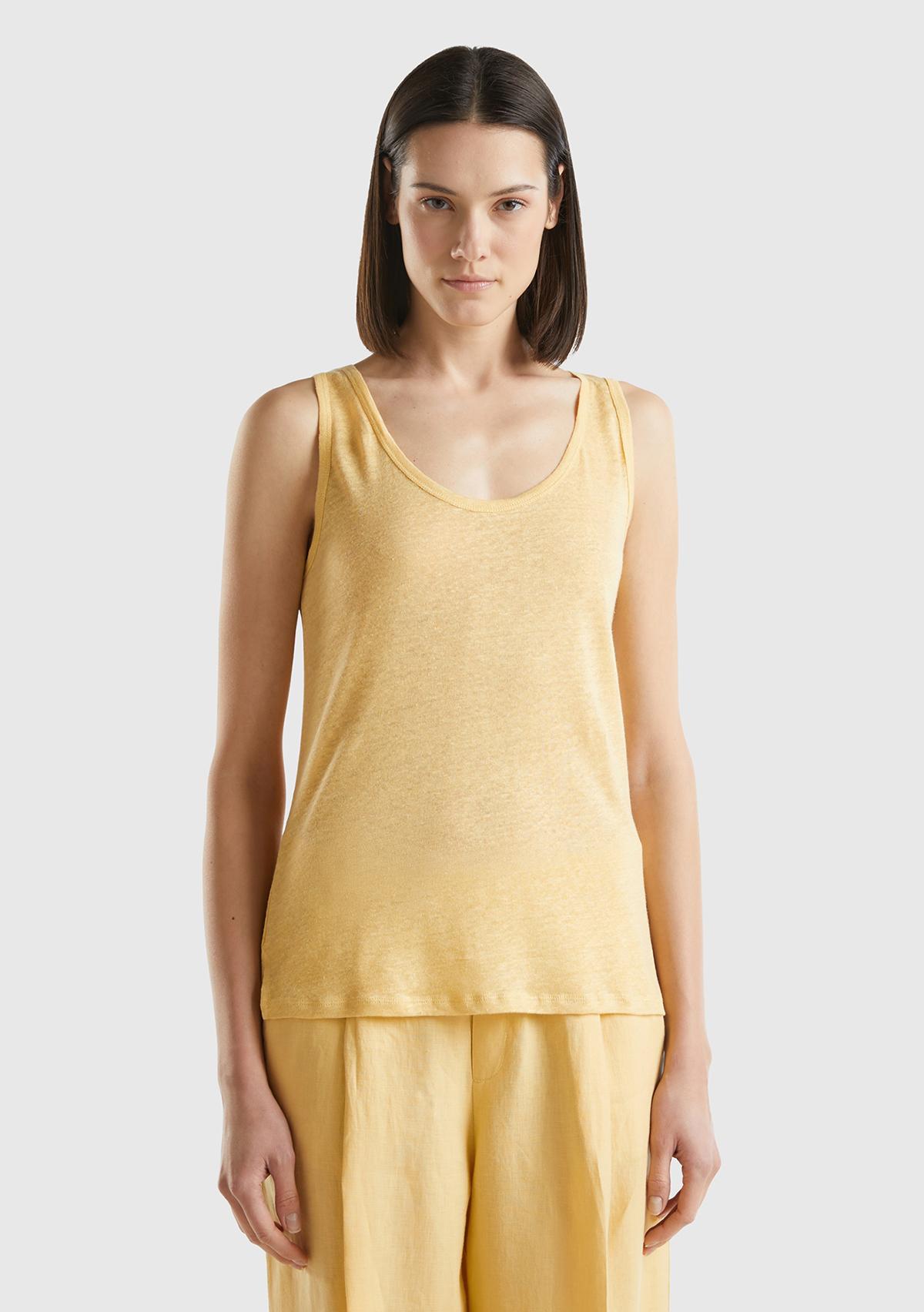 Kadın Açık Sarı %100 Keten Rahat Kalıp Kalın Askılı Atlet