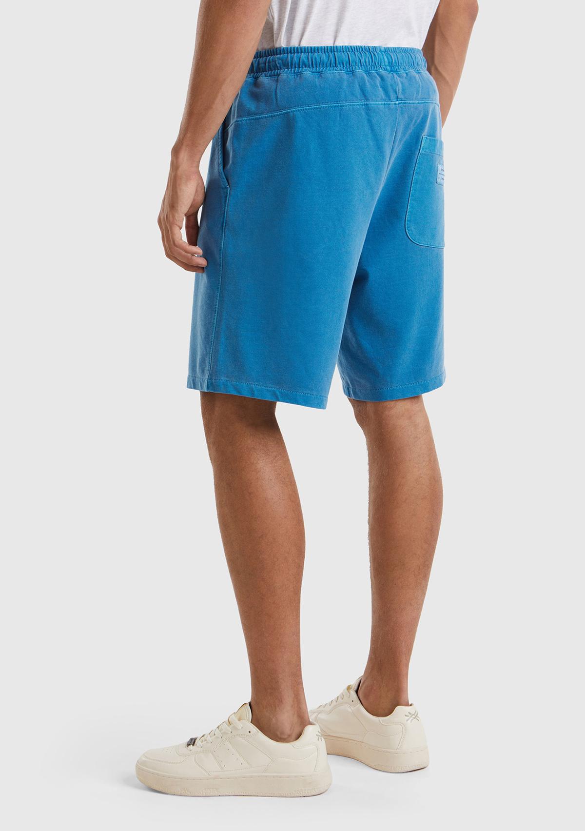 Erkek Koyu Mavi %100 Organik Pamuk Yama Cepli Beli Büzgülü Bermuda Şort