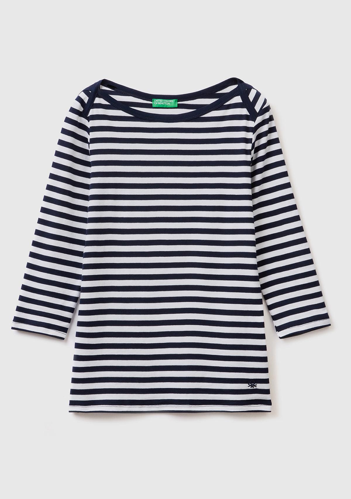 Kadın İndigo Truvakar Kol Çizgili T-shirt