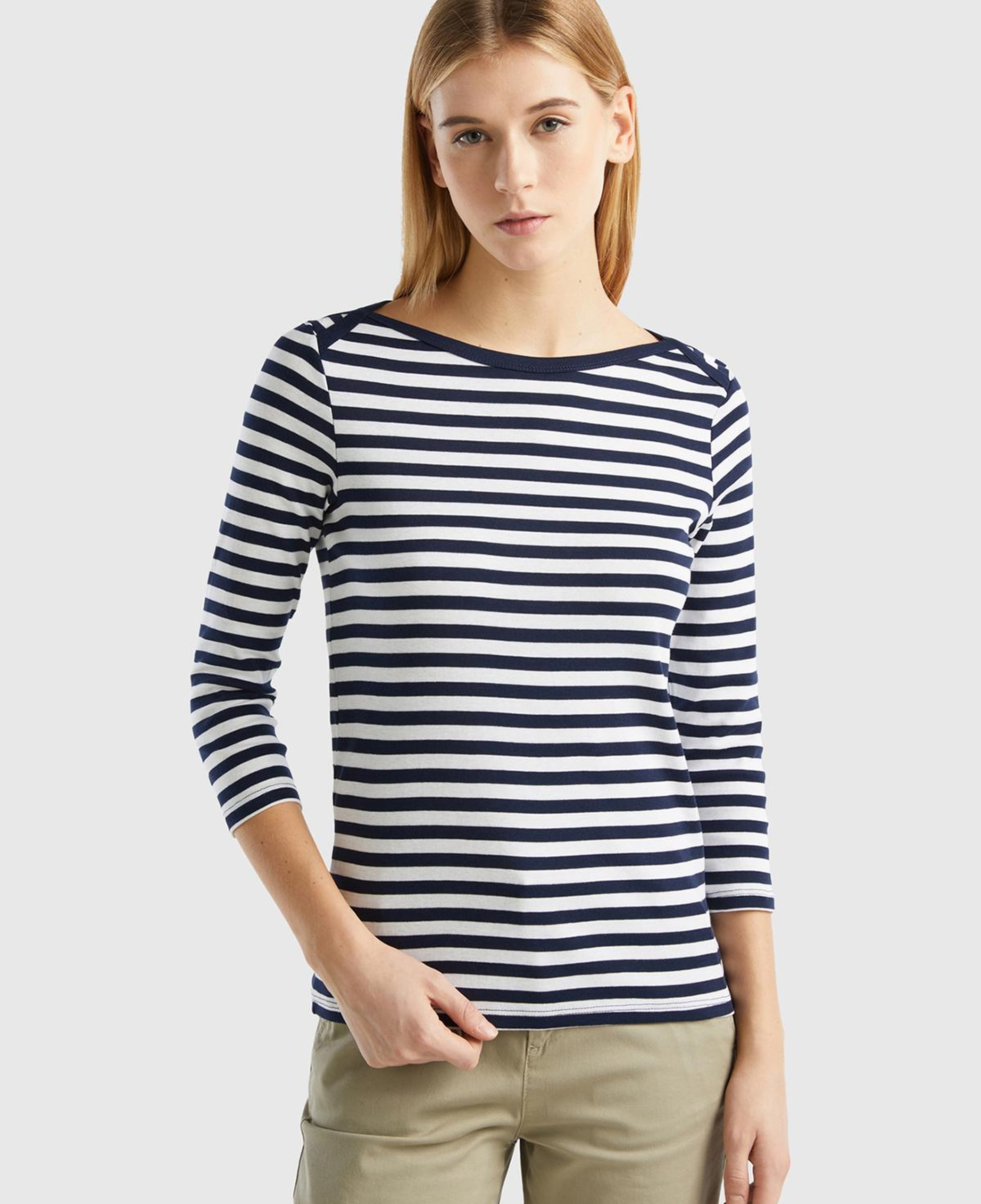 Kadın İndigo Truvakar Kol Çizgili T-shirt