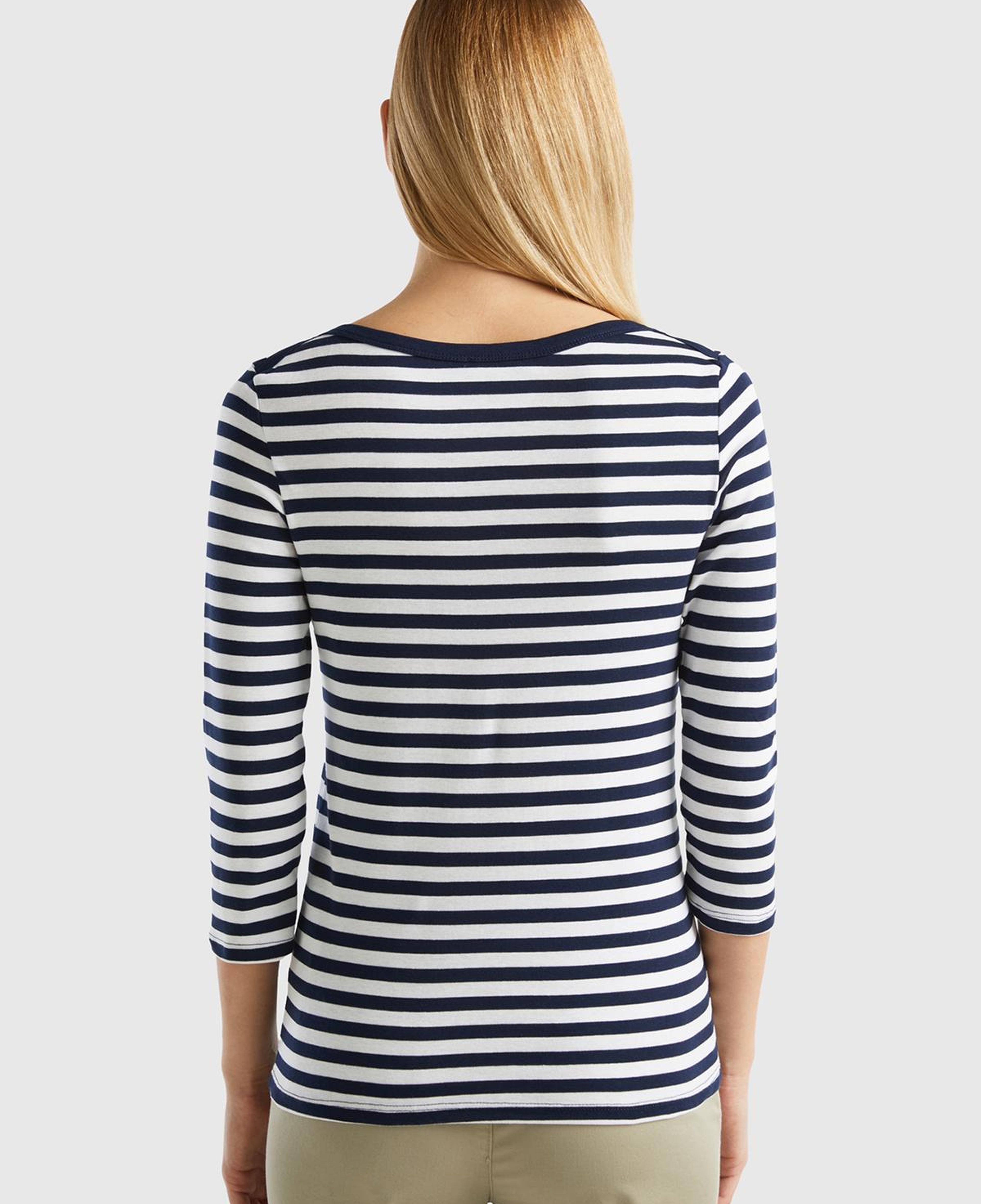 Kadın İndigo Truvakar Kol Çizgili T-shirt