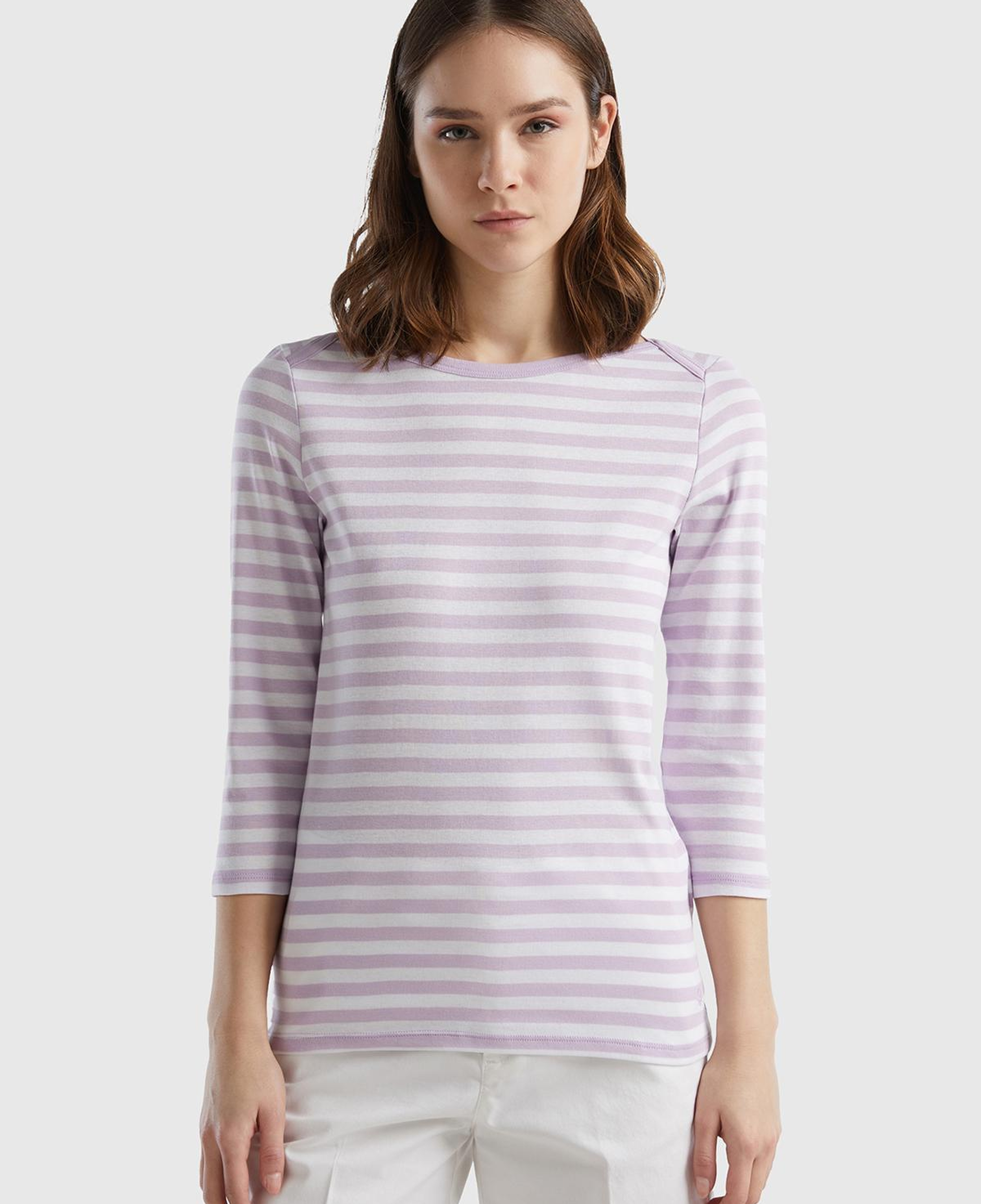 Kadın Lila Truvakar Kol Çizgili T-shirt
