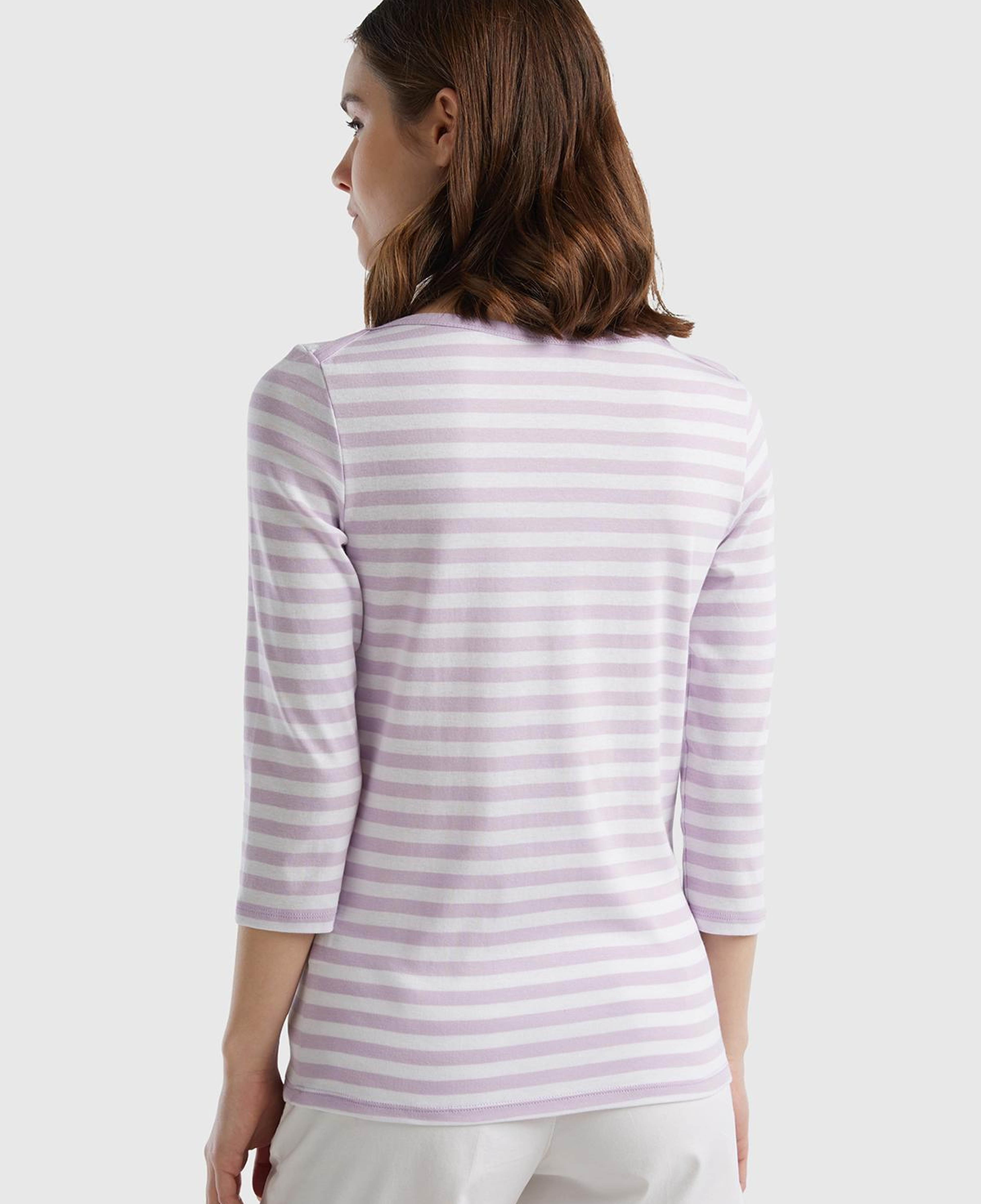 Kadın Lila Truvakar Kol Çizgili T-shirt