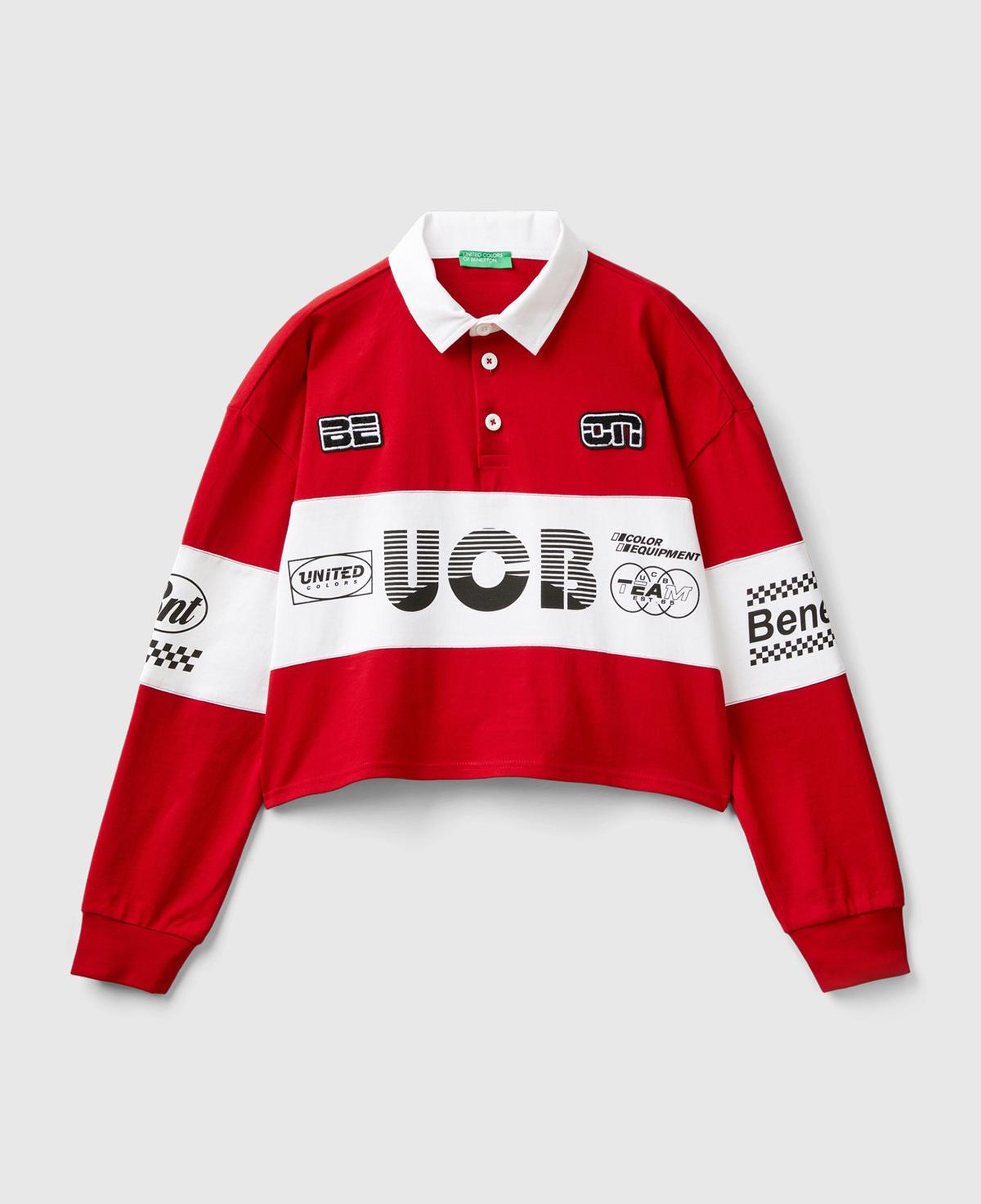 Kadın Kırmızı %100 Pamuk Logo Baskılı Renk Bloklu Polo Yaka Crop Sweatshirt