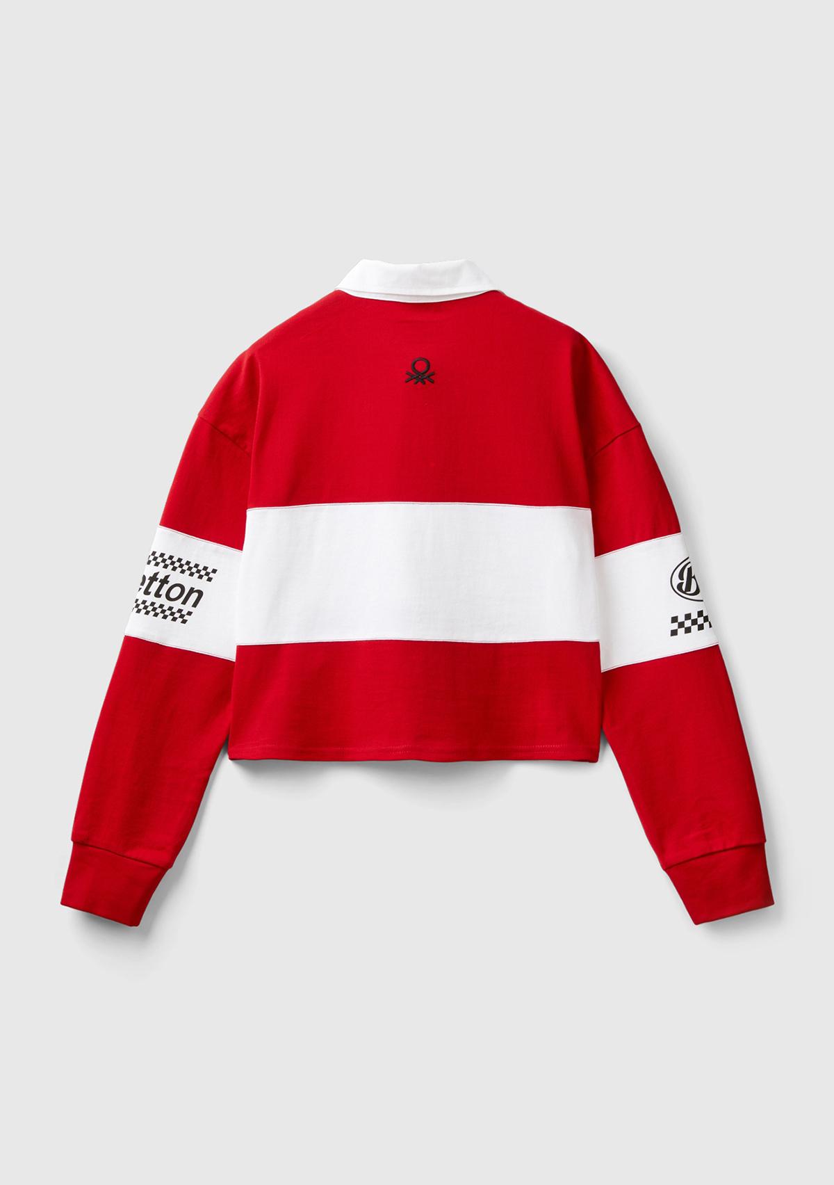 Kadın Kırmızı %100 Pamuk Logo Baskılı Renk Bloklu Polo Yaka Crop Sweatshirt