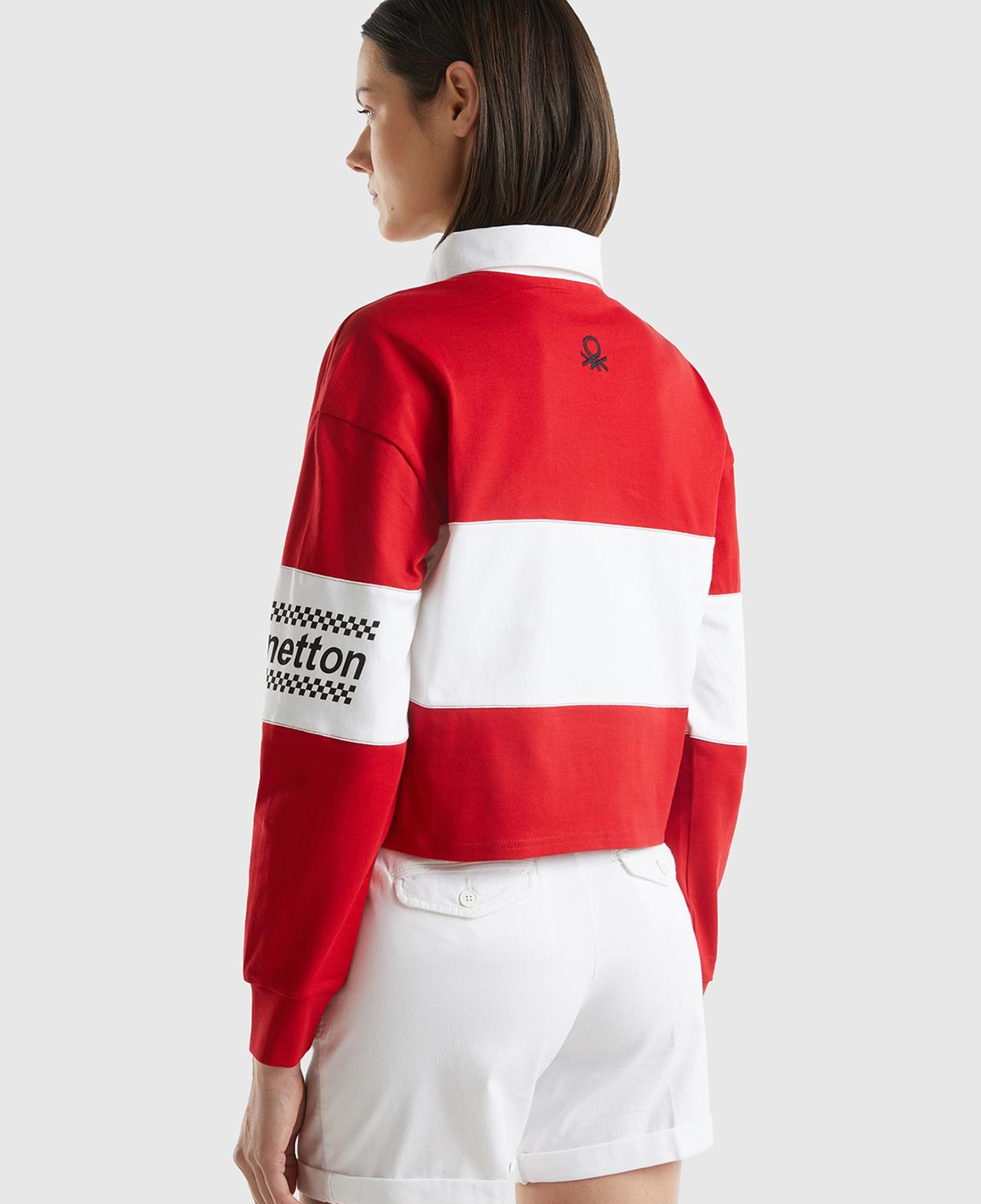 Kadın Kırmızı %100 Pamuk Logo Baskılı Renk Bloklu Polo Yaka Crop Sweatshirt