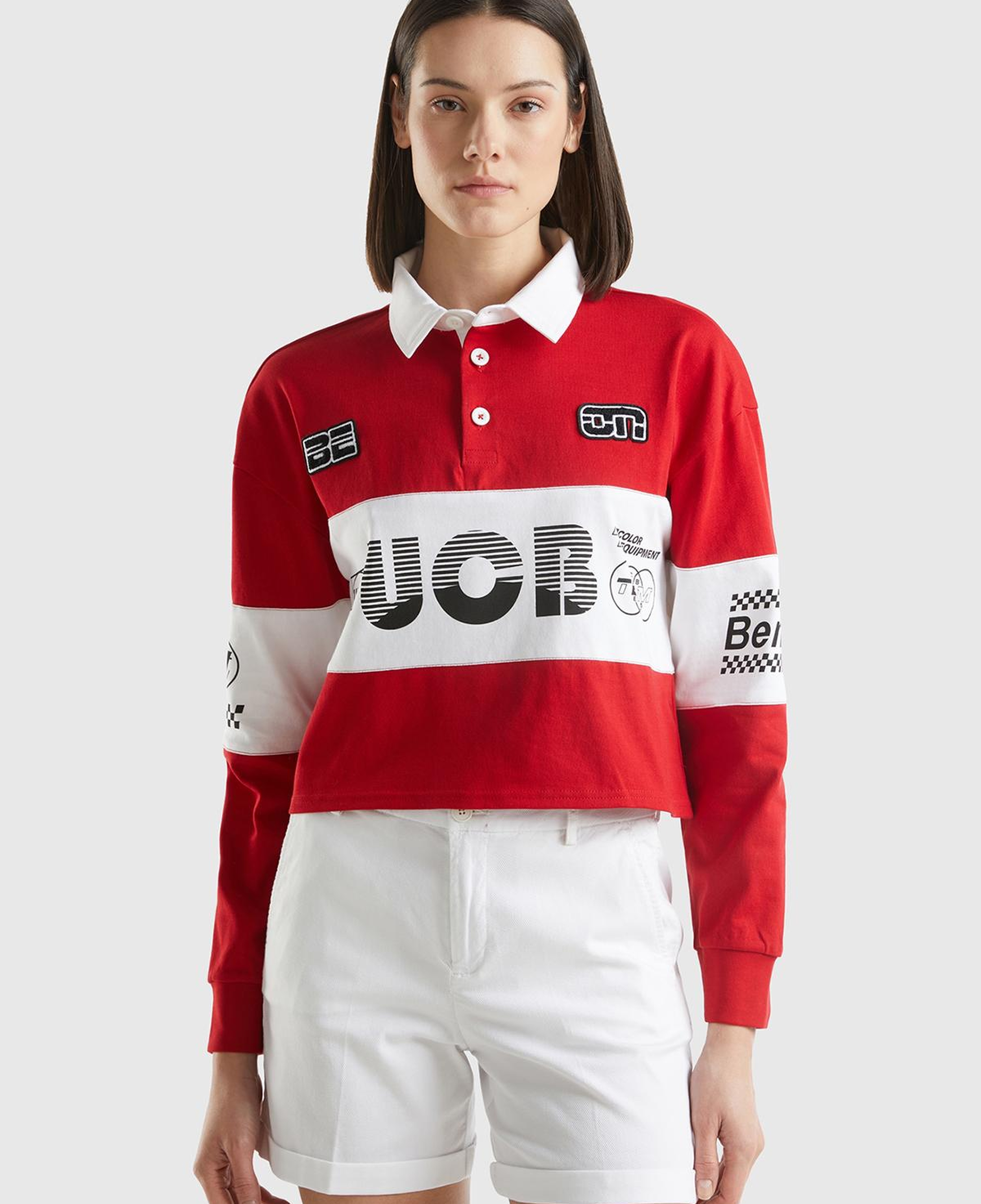 Kadın Kırmızı %100 Pamuk Logo Baskılı Renk Bloklu Polo Yaka Crop Sweatshirt