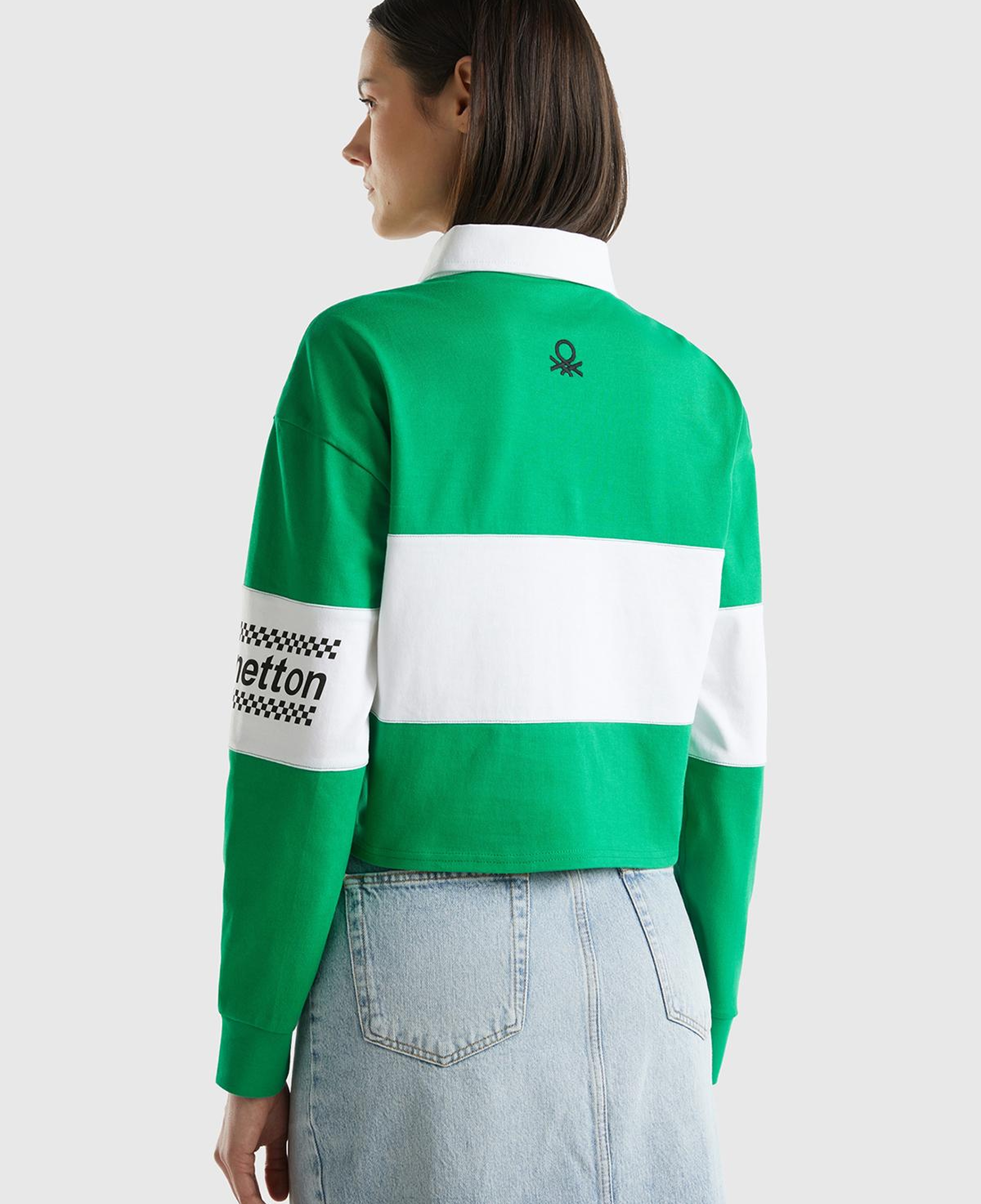 Kadın Yeşil %100 Pamuk Logo Baskılı Renk Bloklu Polo Yaka Crop Sweatshirt