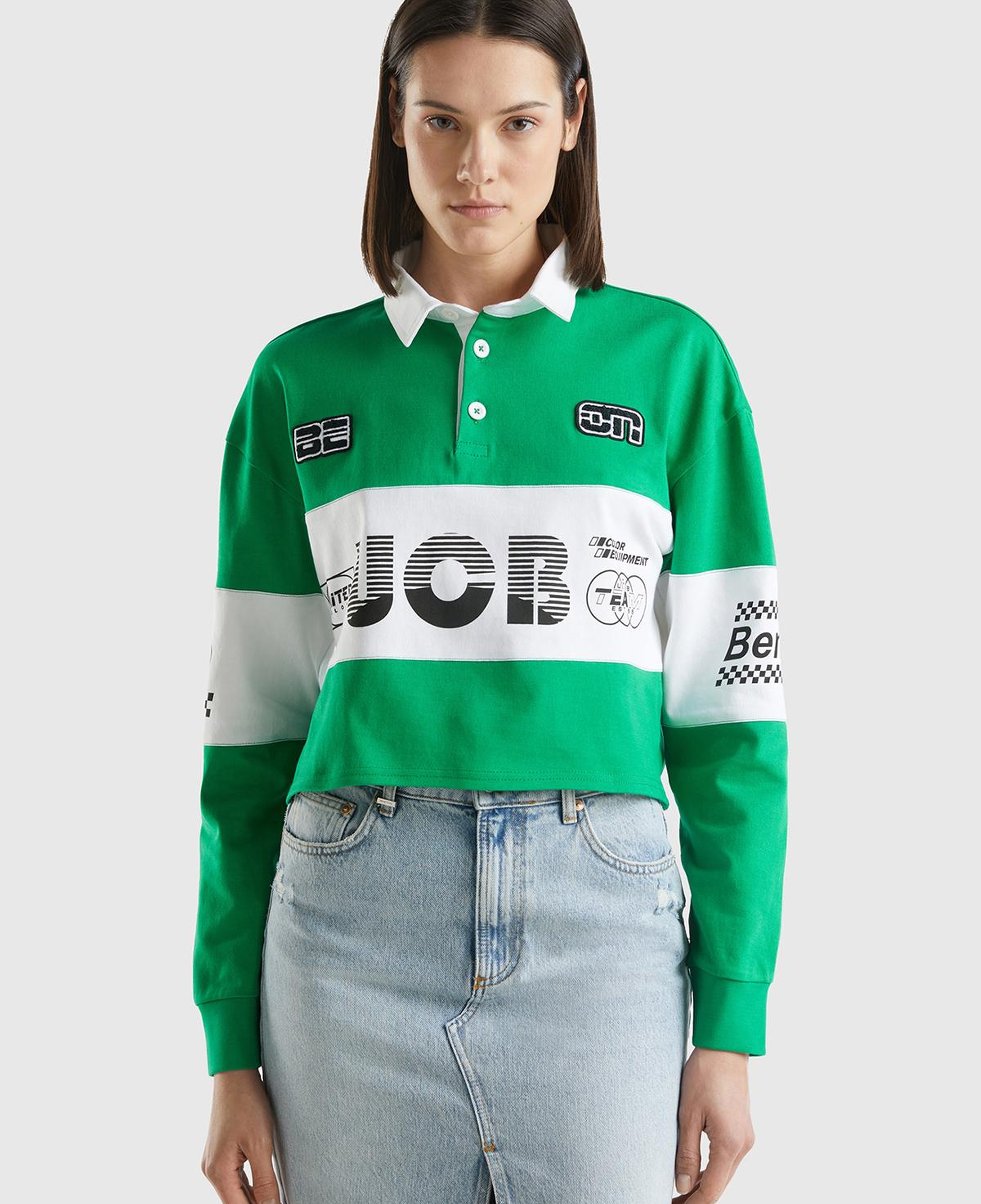 Kadın Yeşil %100 Pamuk Logo Baskılı Renk Bloklu Polo Yaka Crop Sweatshirt