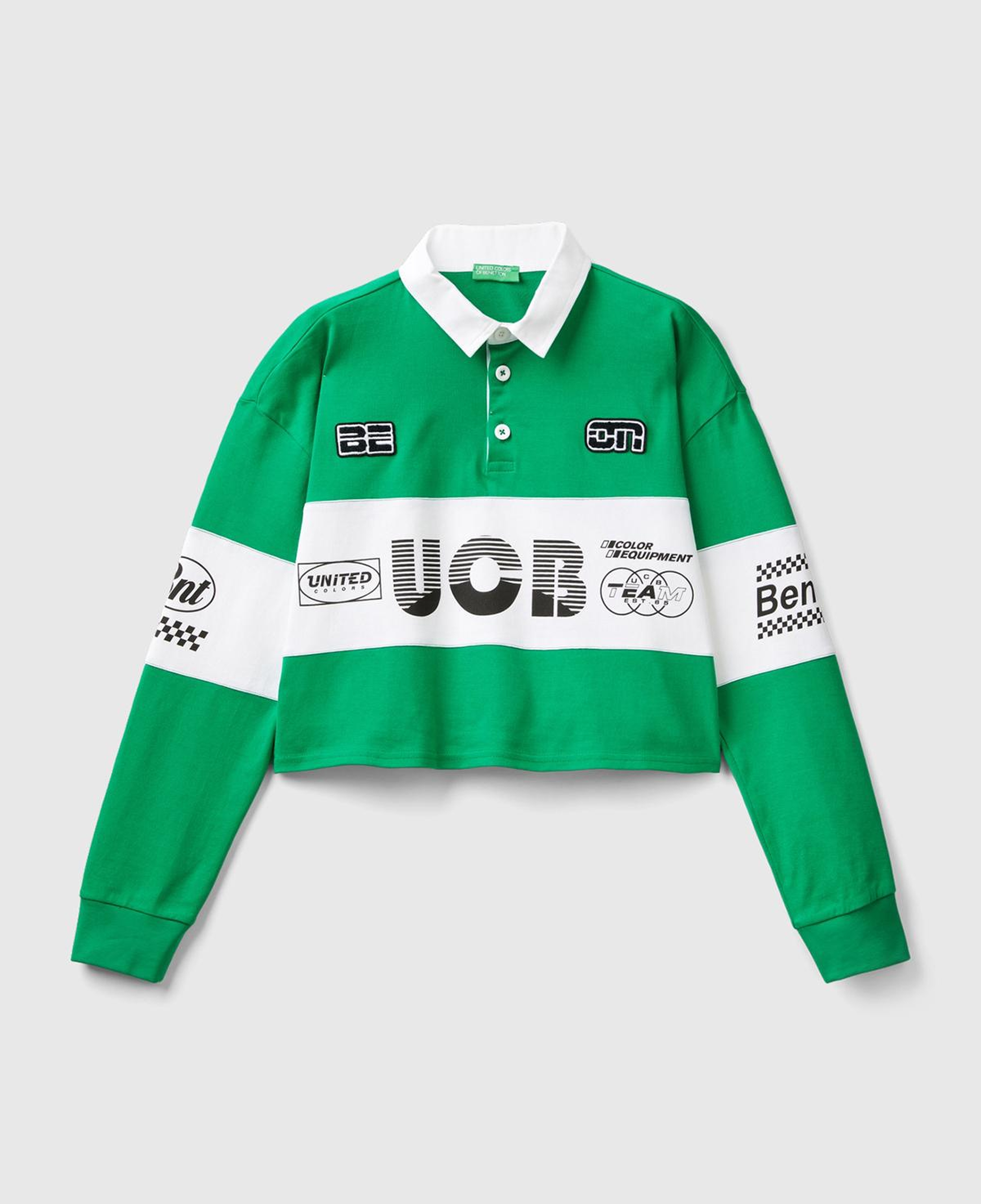 Kadın Yeşil %100 Pamuk Logo Baskılı Renk Bloklu Polo Yaka Crop Sweatshirt