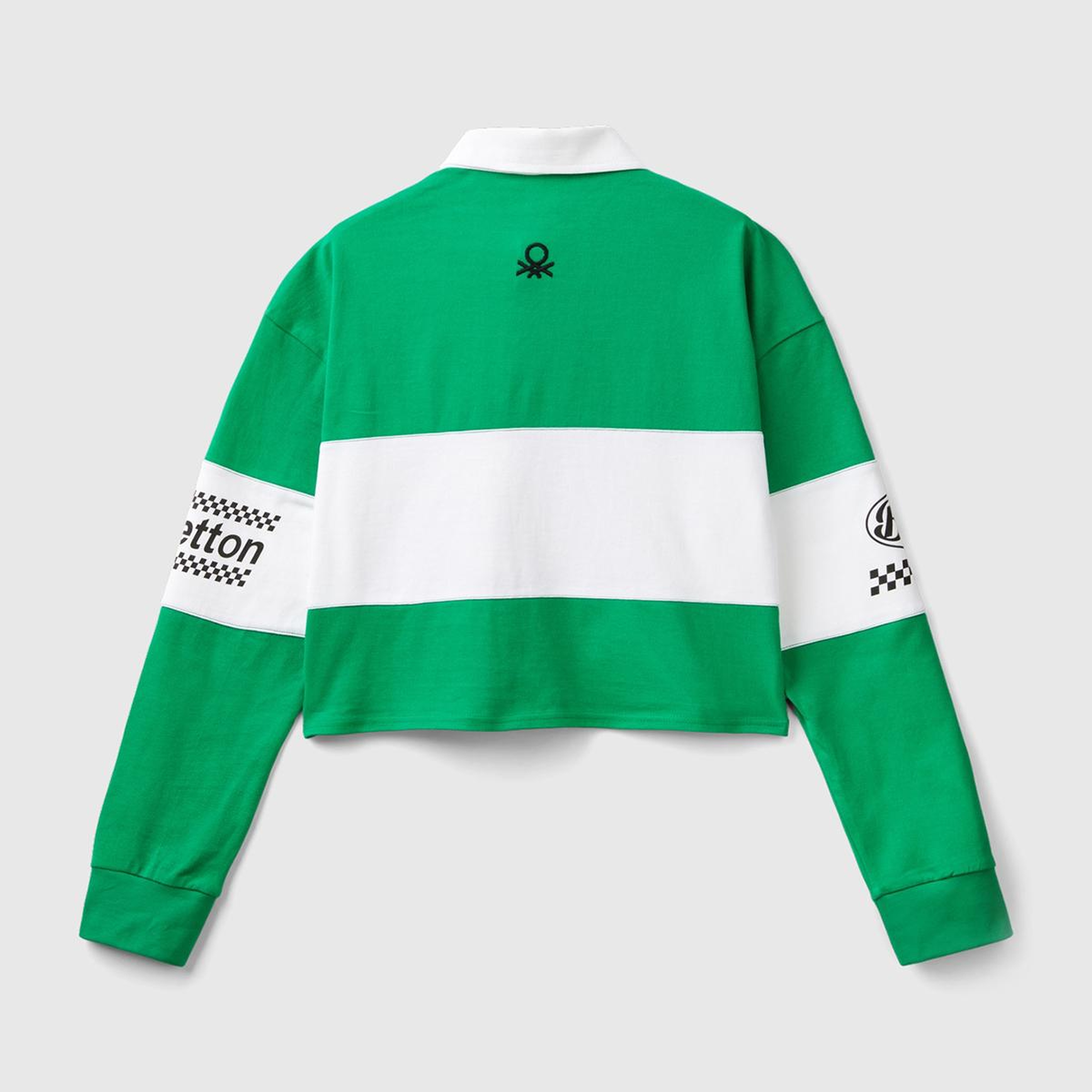 Kadın Yeşil %100 Pamuk Logo Baskılı Renk Bloklu Polo Yaka Crop Sweatshirt