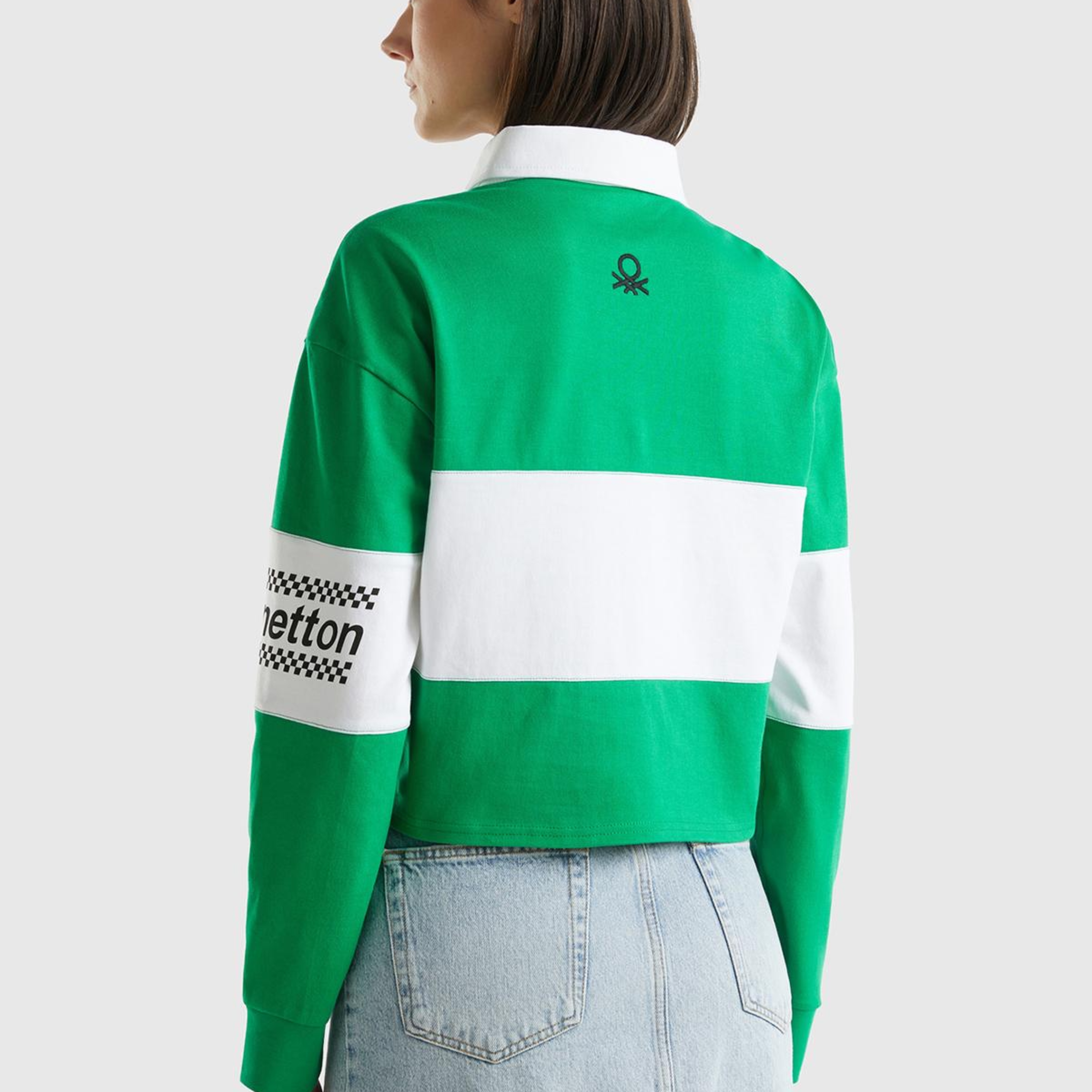 Kadın Yeşil %100 Pamuk Logo Baskılı Renk Bloklu Polo Yaka Crop Sweatshirt