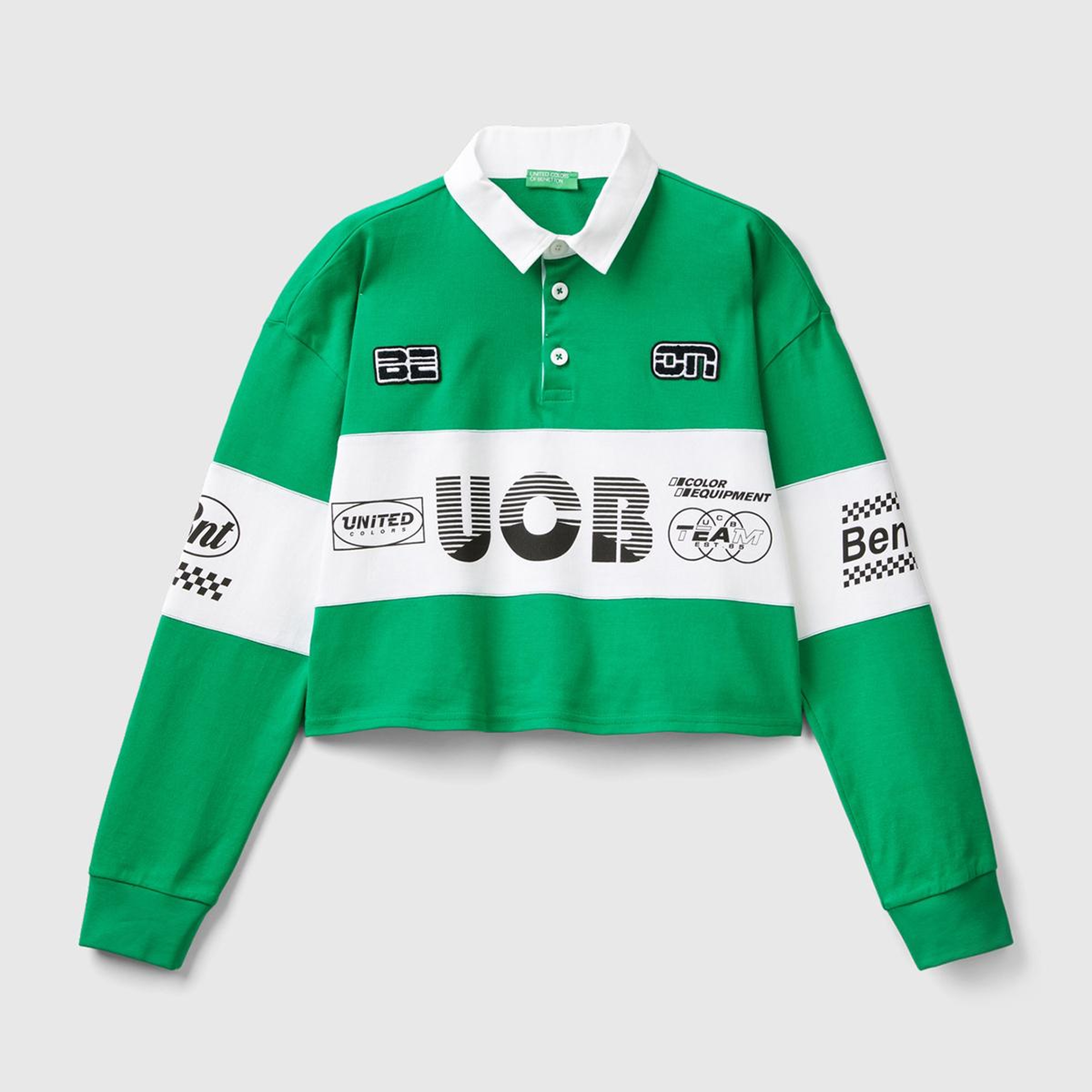 Kadın Yeşil %100 Pamuk Logo Baskılı Renk Bloklu Polo Yaka Crop Sweatshirt