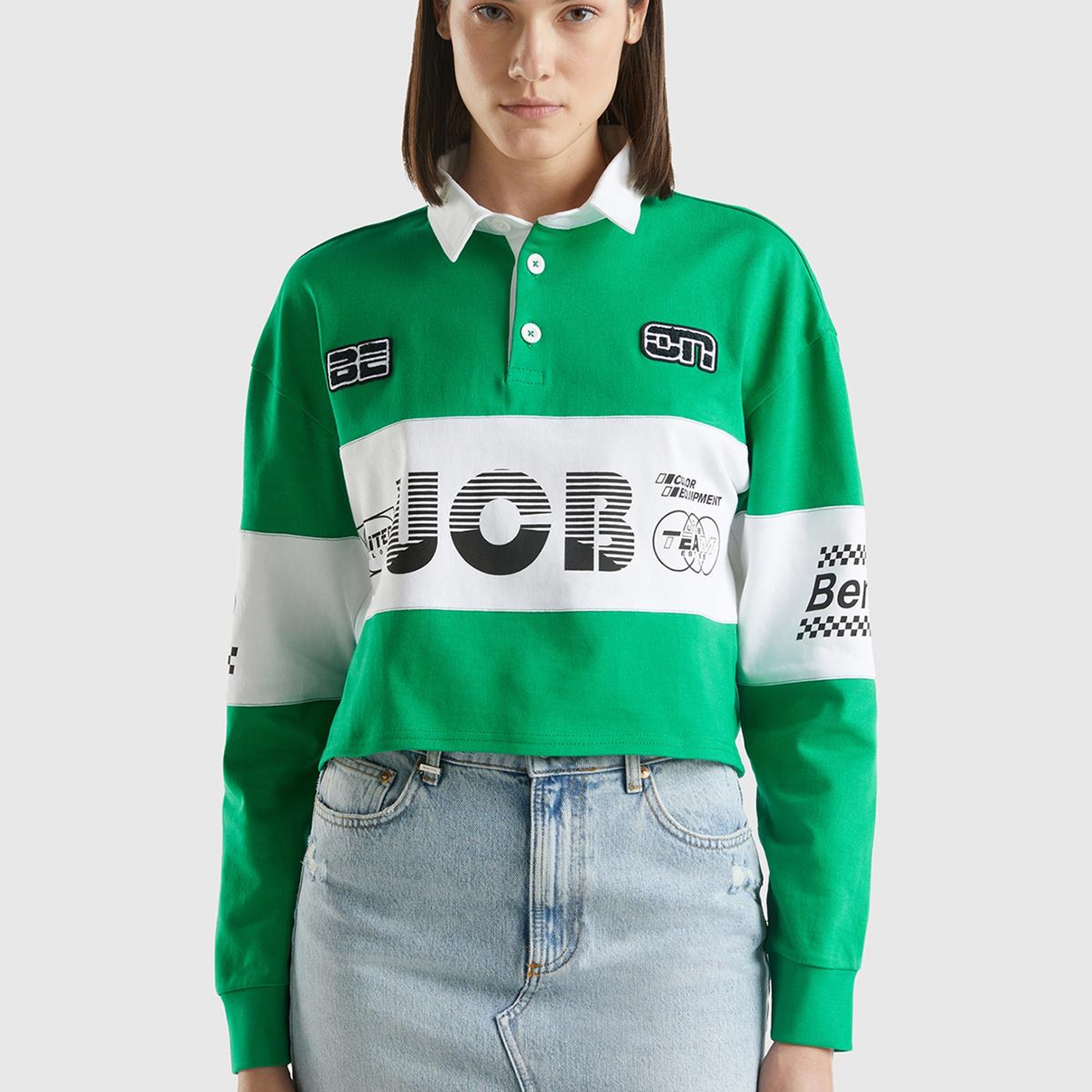 Kadın Yeşil %100 Pamuk Logo Baskılı Renk Bloklu Polo Yaka Crop Sweatshirt