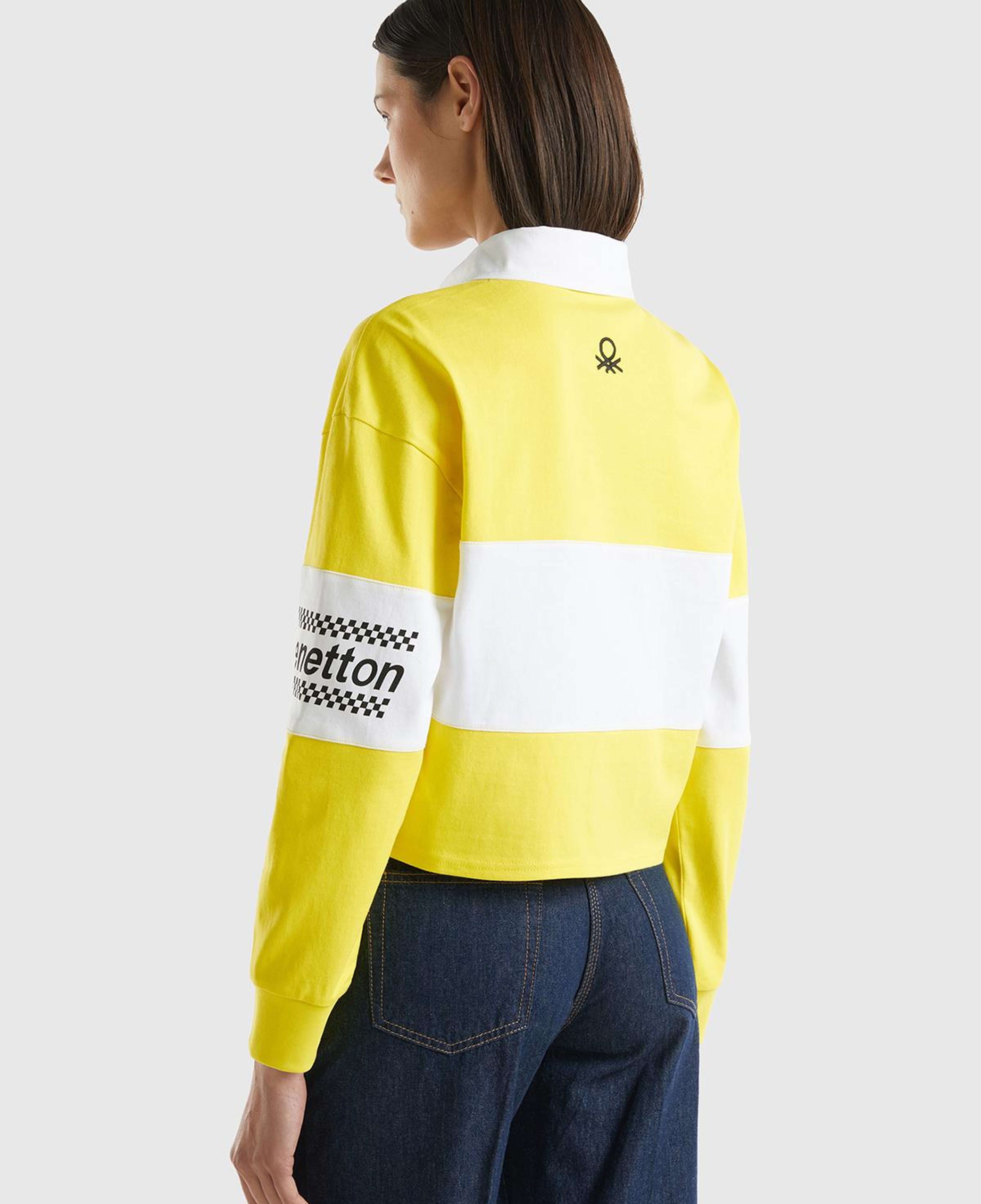 Kadın Sarı %100 Pamuk Logo Baskılı Renk Bloklu Polo Yaka Crop Sweatshirt