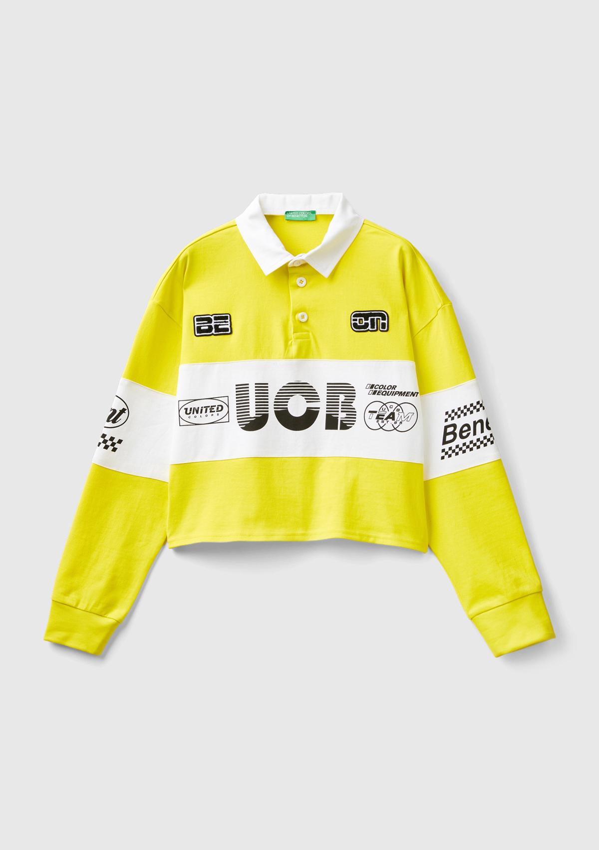 Kadın Sarı %100 Pamuk Logo Baskılı Renk Bloklu Polo Yaka Crop Sweatshirt