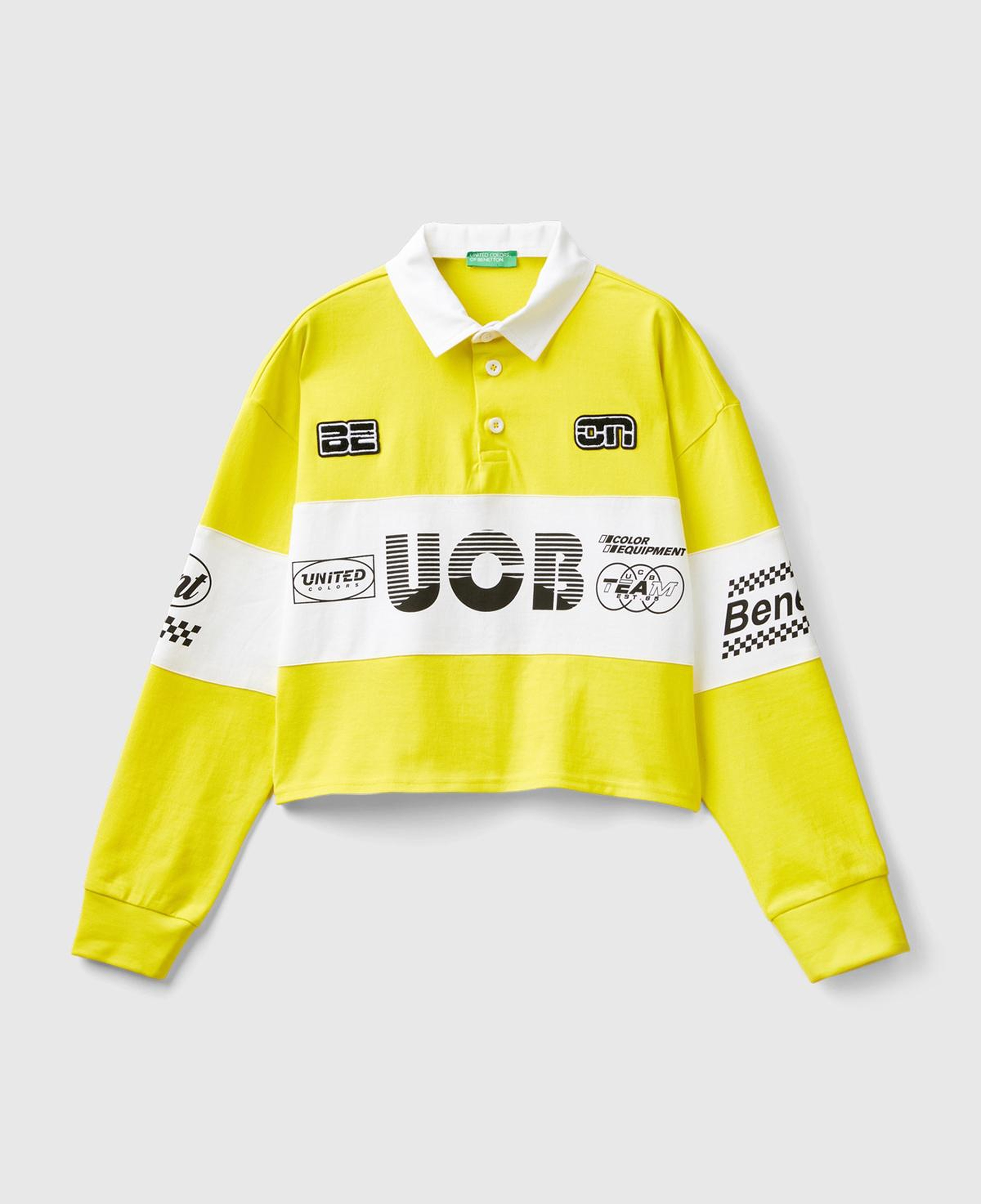 Kadın Sarı %100 Pamuk Logo Baskılı Renk Bloklu Polo Yaka Crop Sweatshirt